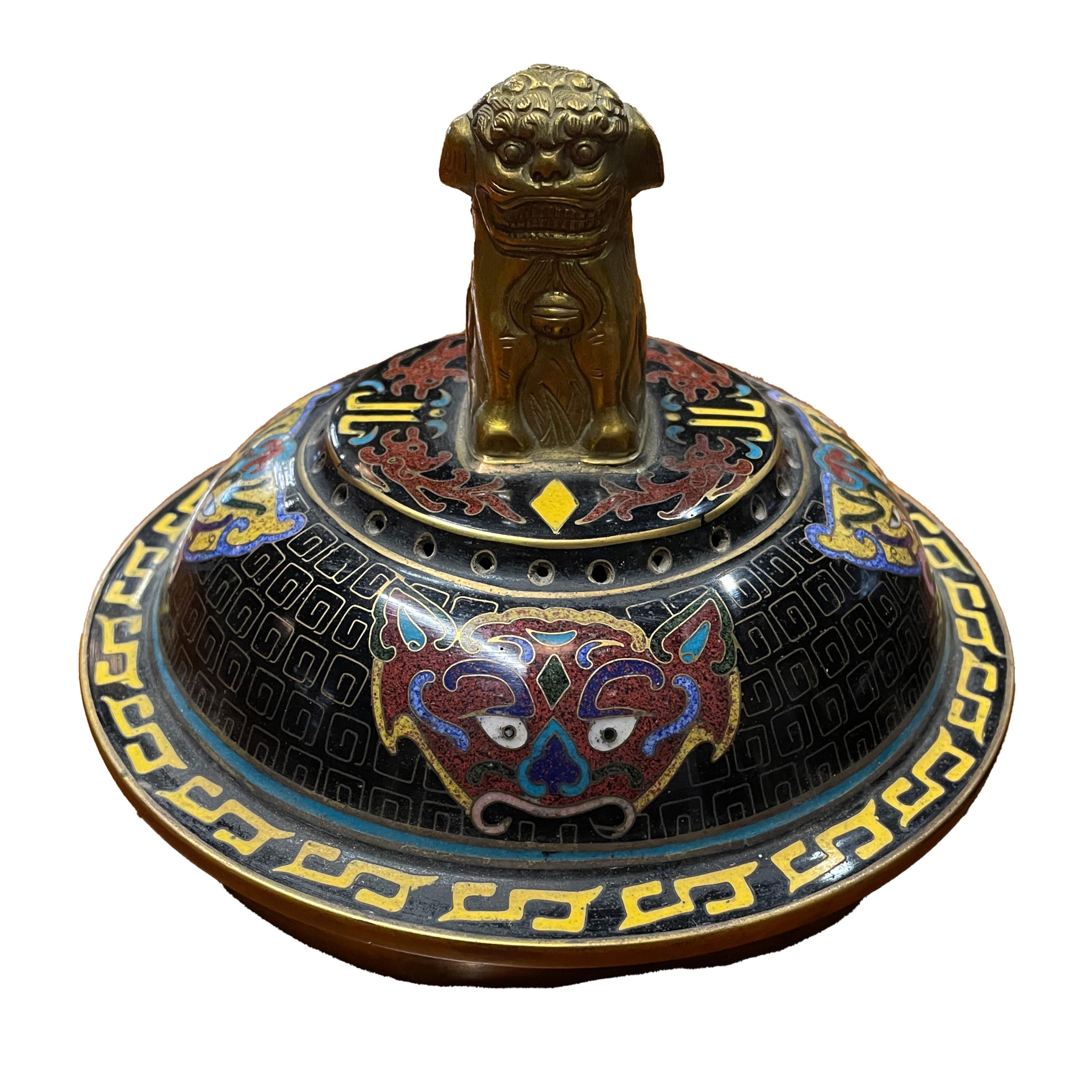 Antiguo incensario chino de cloisonné de la dinastía Qing Ding Quemador de incienso con tapa 1870 en venta 8
