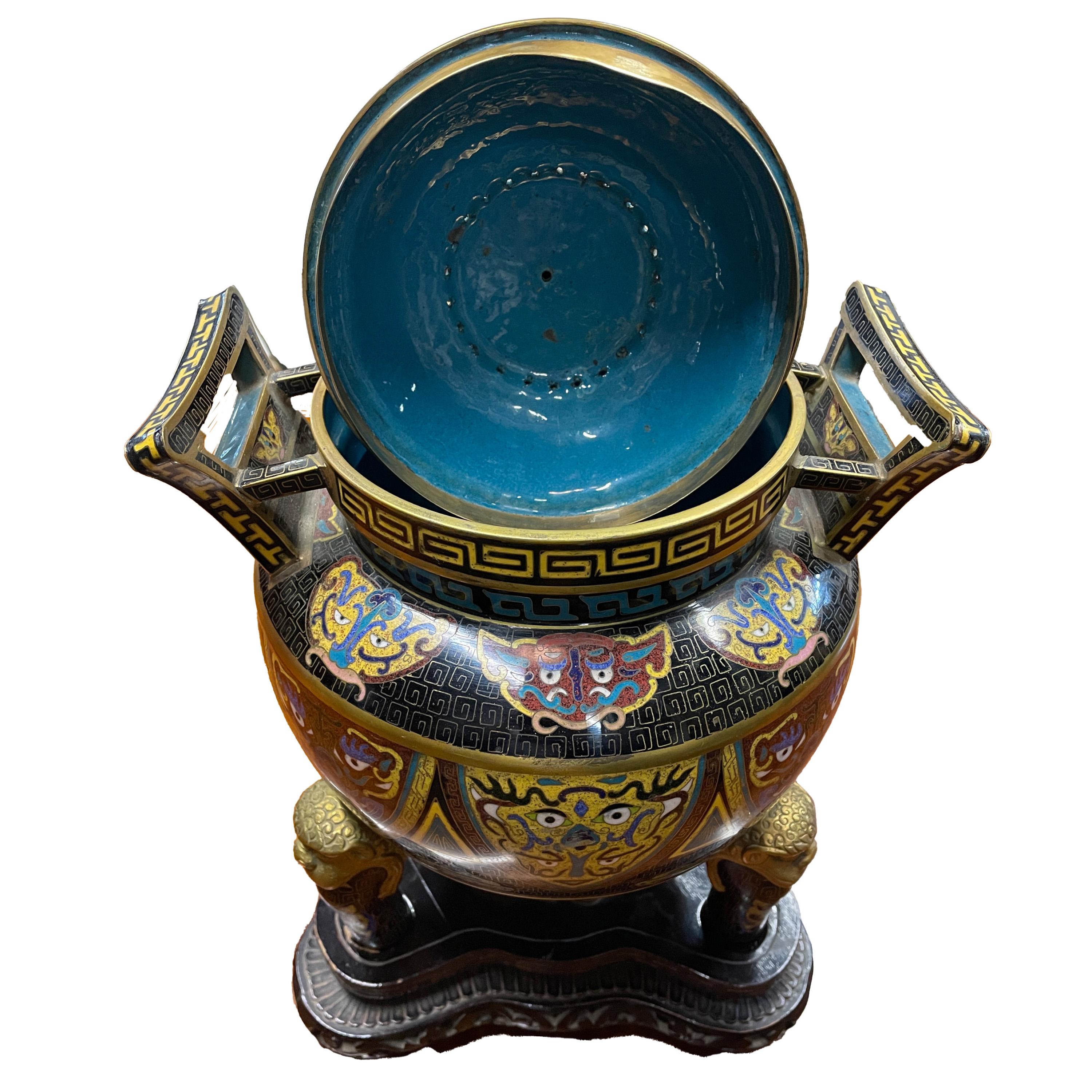 Antiguo incensario chino de cloisonné de la dinastía Qing Ding Quemador de incienso con tapa 1870 en venta 10