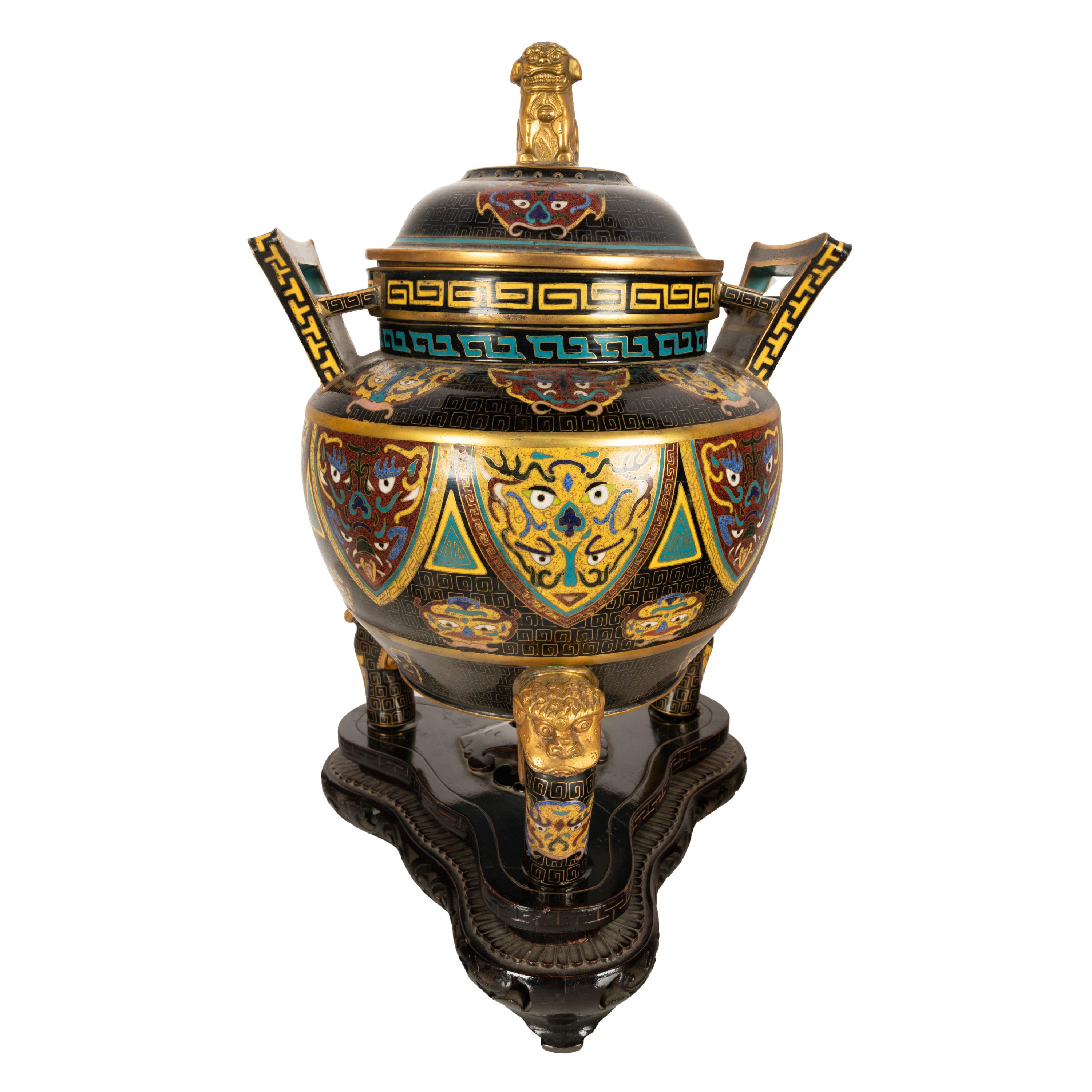 Antiguo incensario chino de cloisonné de la dinastía Qing Ding Quemador de incienso con tapa 1870 Chino en venta