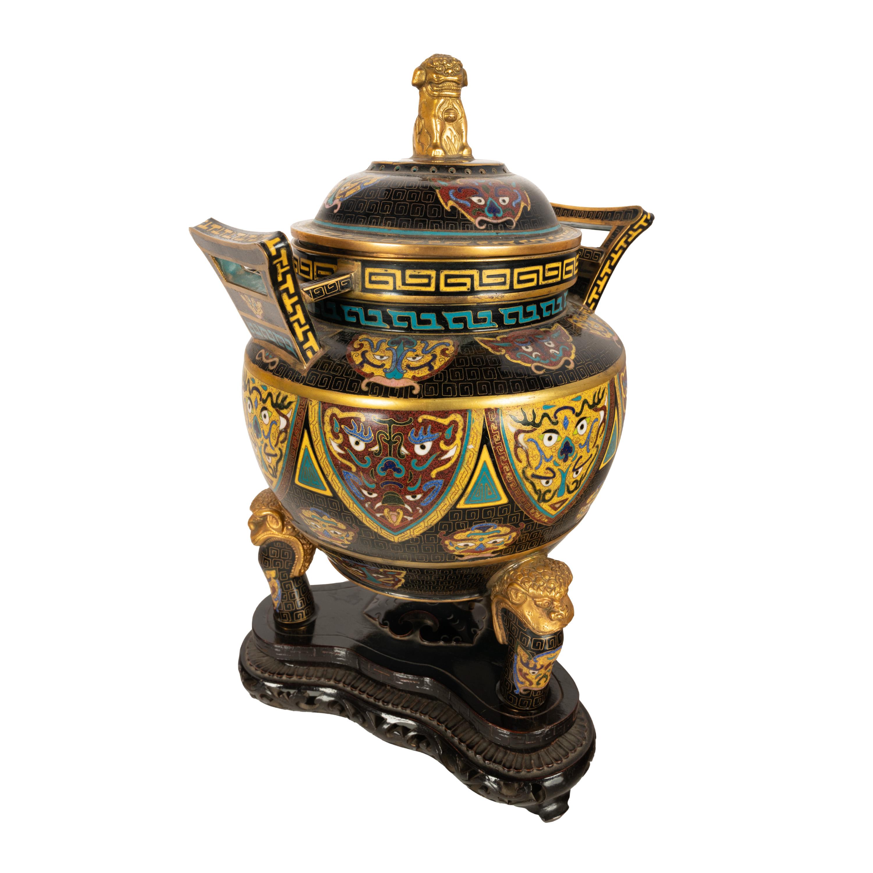Antiguo incensario chino de cloisonné de la dinastía Qing Ding Quemador de incienso con tapa 1870 Cloissoné en venta