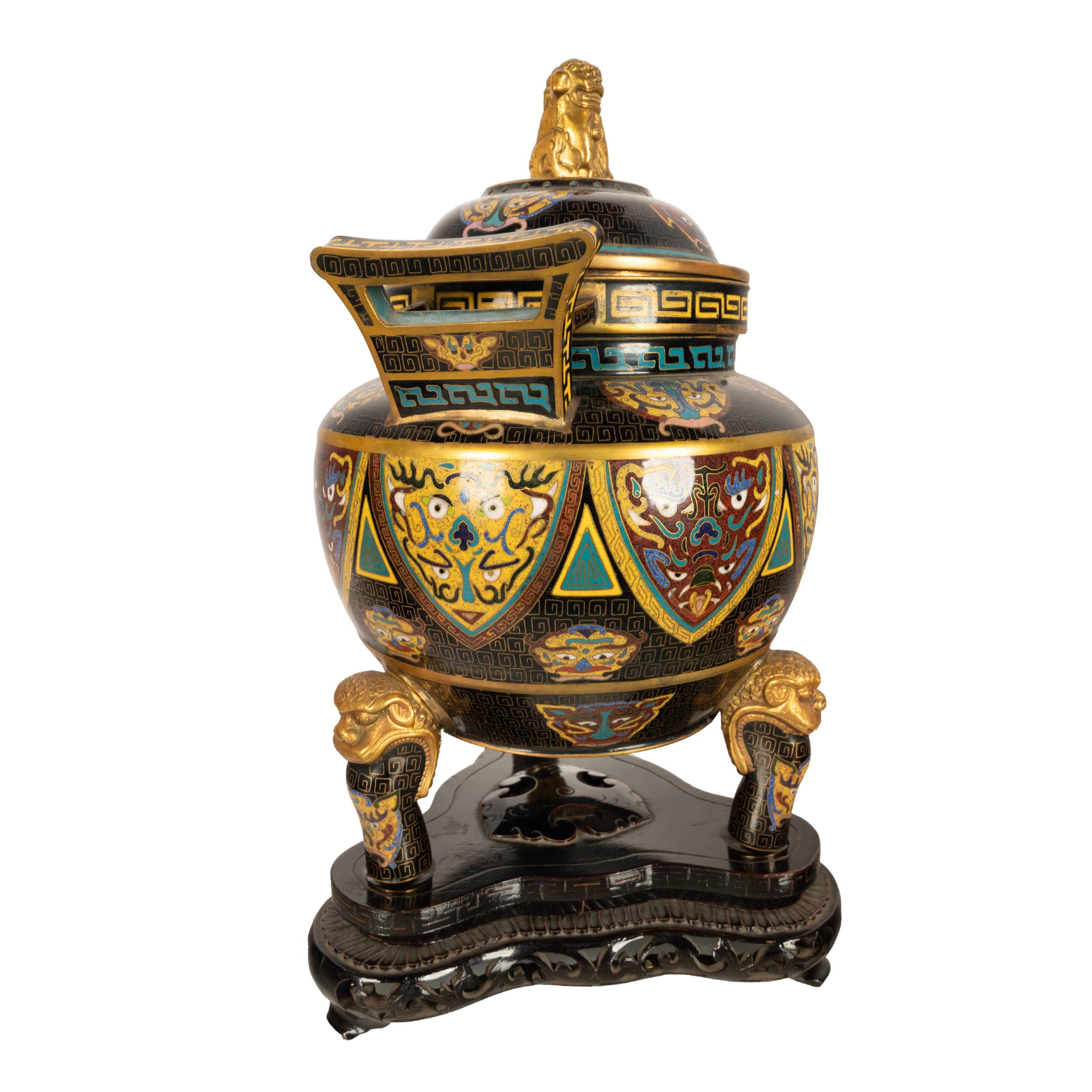 Antiguo incensario chino de cloisonné de la dinastía Qing Ding Quemador de incienso con tapa 1870 en Bueno estado para la venta en Portland, OR