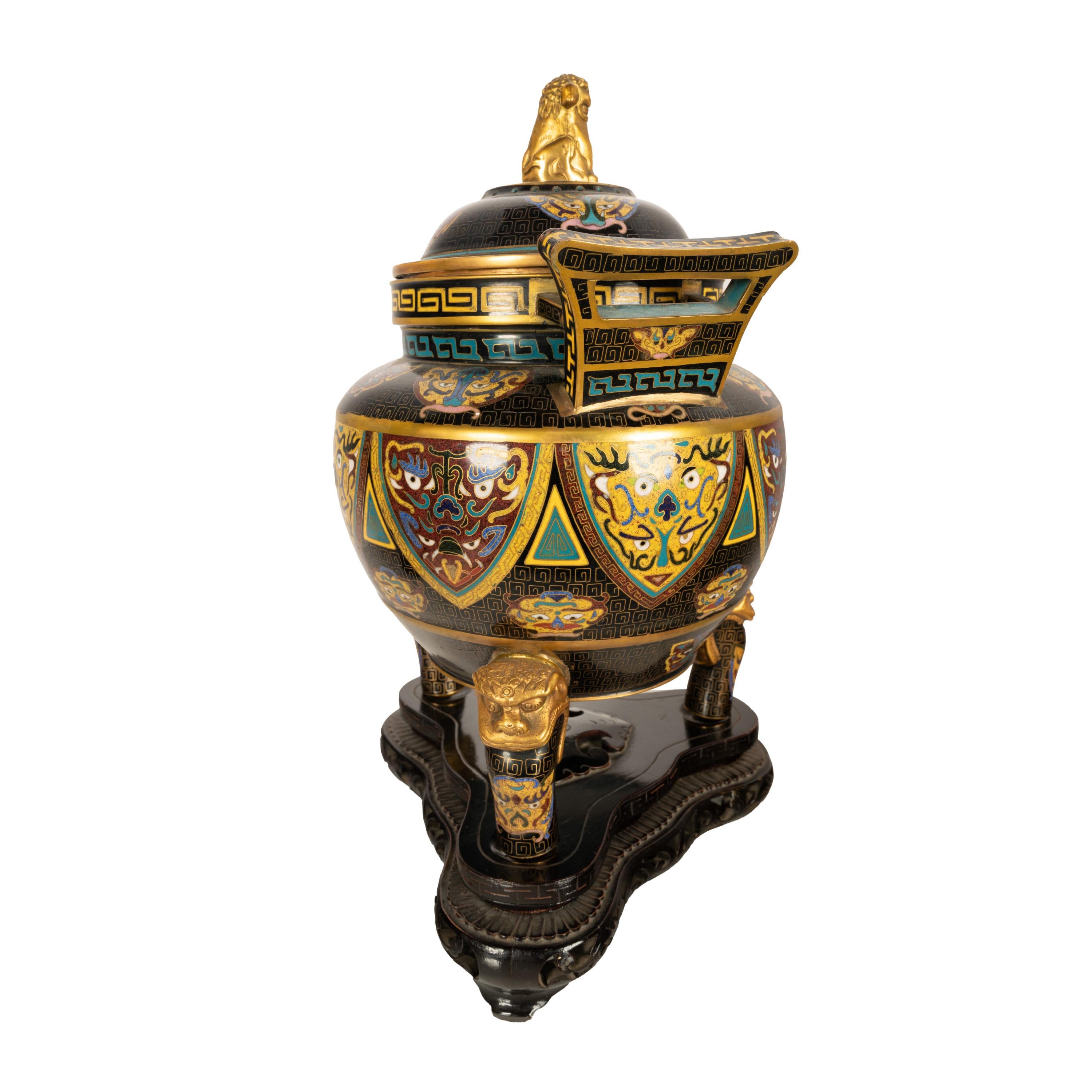 Antiguo incensario chino de cloisonné de la dinastía Qing Ding Quemador de incienso con tapa 1870 Porcelana en venta