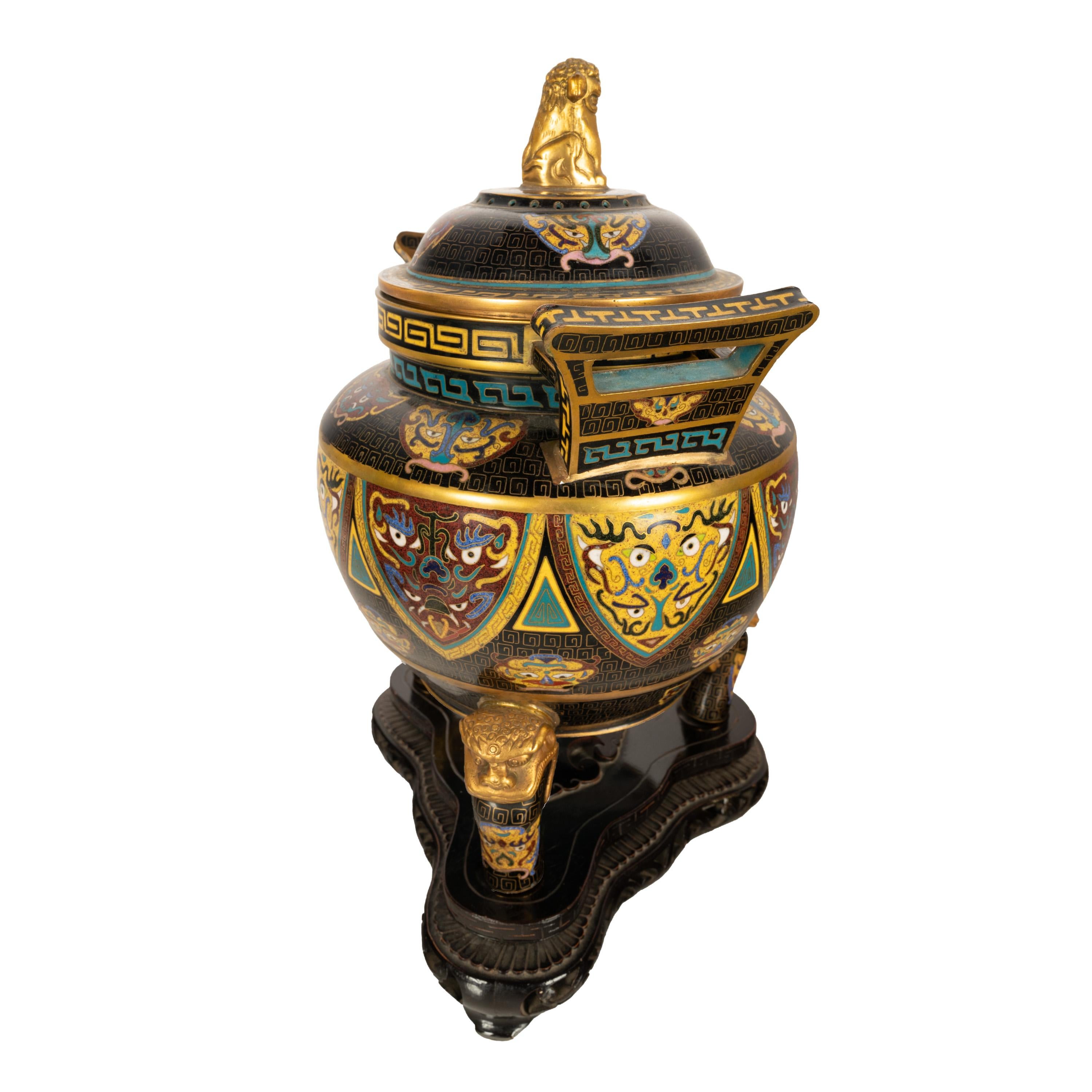 Antiguo incensario chino de cloisonné de la dinastía Qing Ding Quemador de incienso con tapa 1870 en venta 1