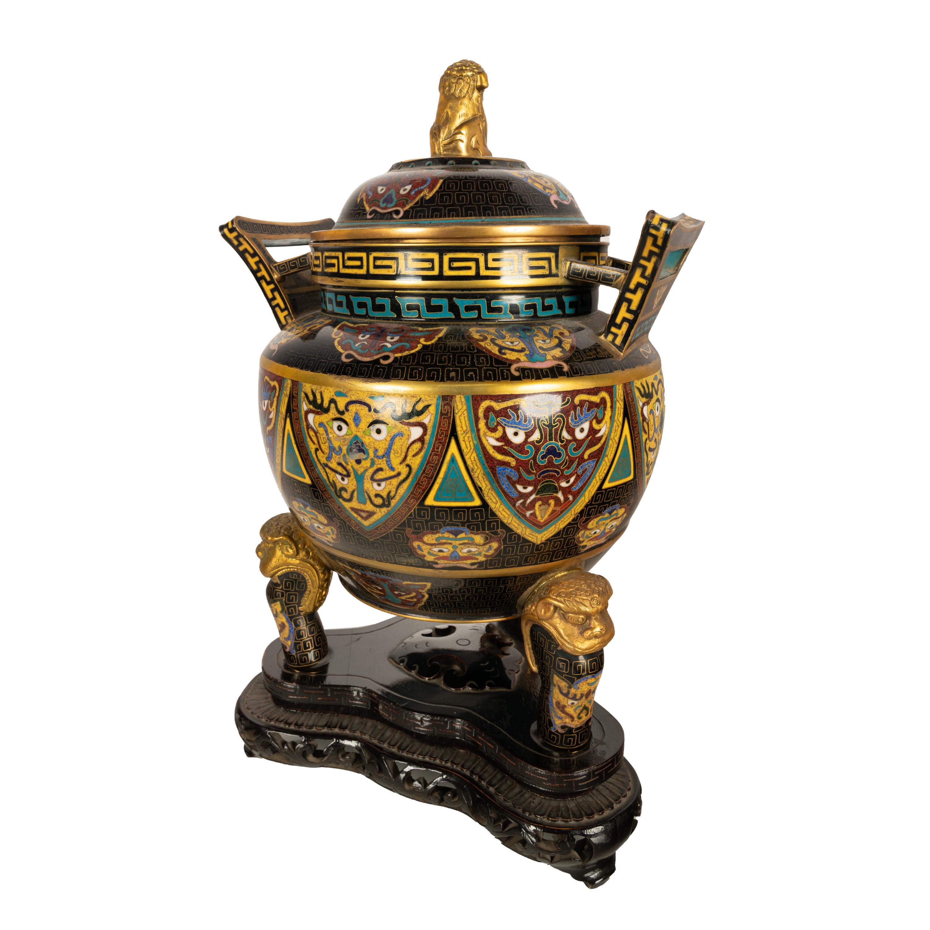 Antiguo incensario chino de cloisonné de la dinastía Qing Ding Quemador de incienso con tapa 1870 en venta 2