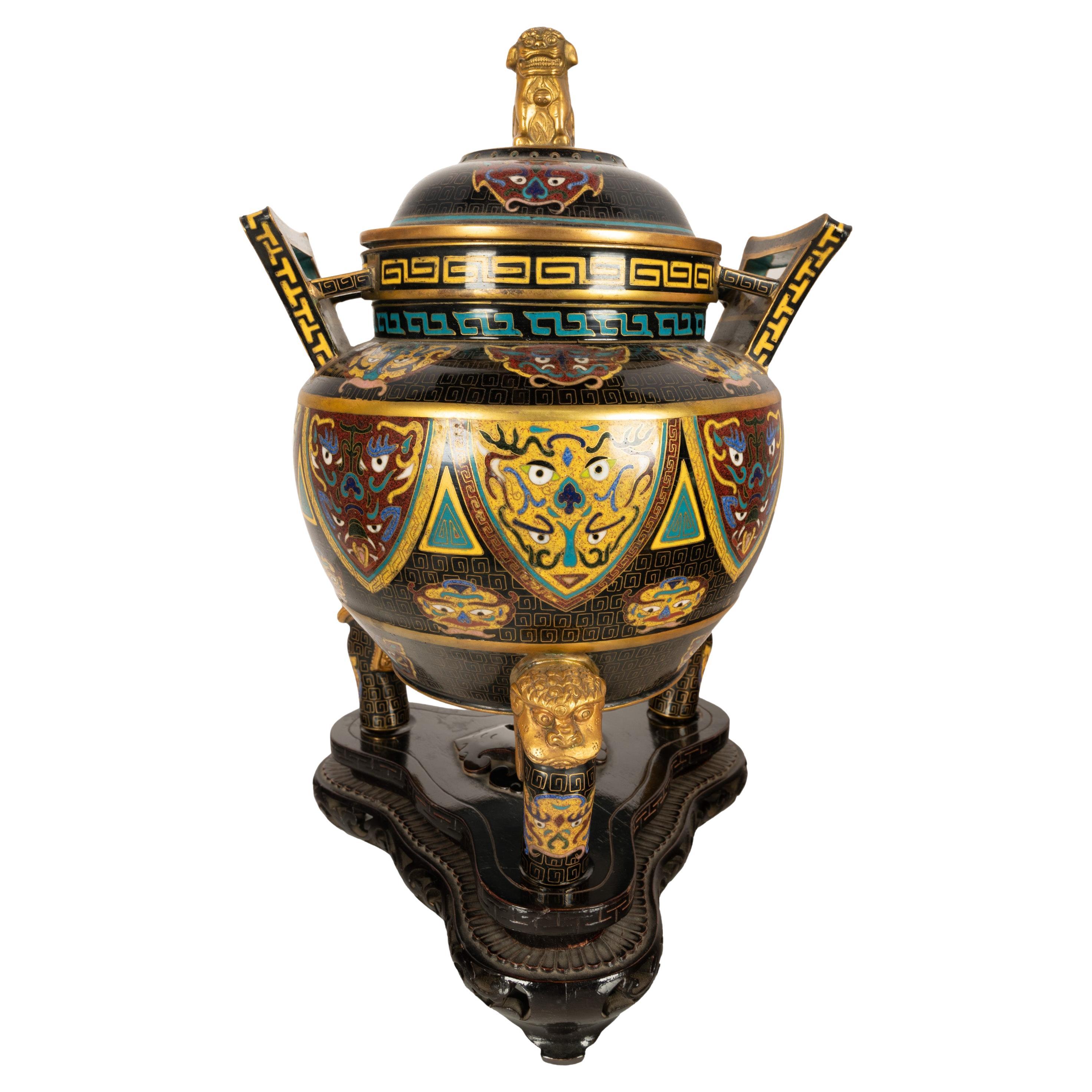 Antique Chinese Qing Dynasty Cloisonne Censer Ding Lidded Incense Burner 1870