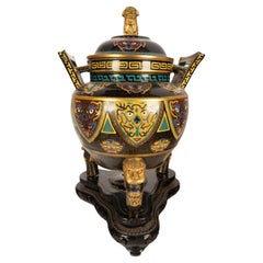 Encensoir en cloisonne Ding à couvercle brûleur d'encens antique de la dynastie chinoise Qing 1870