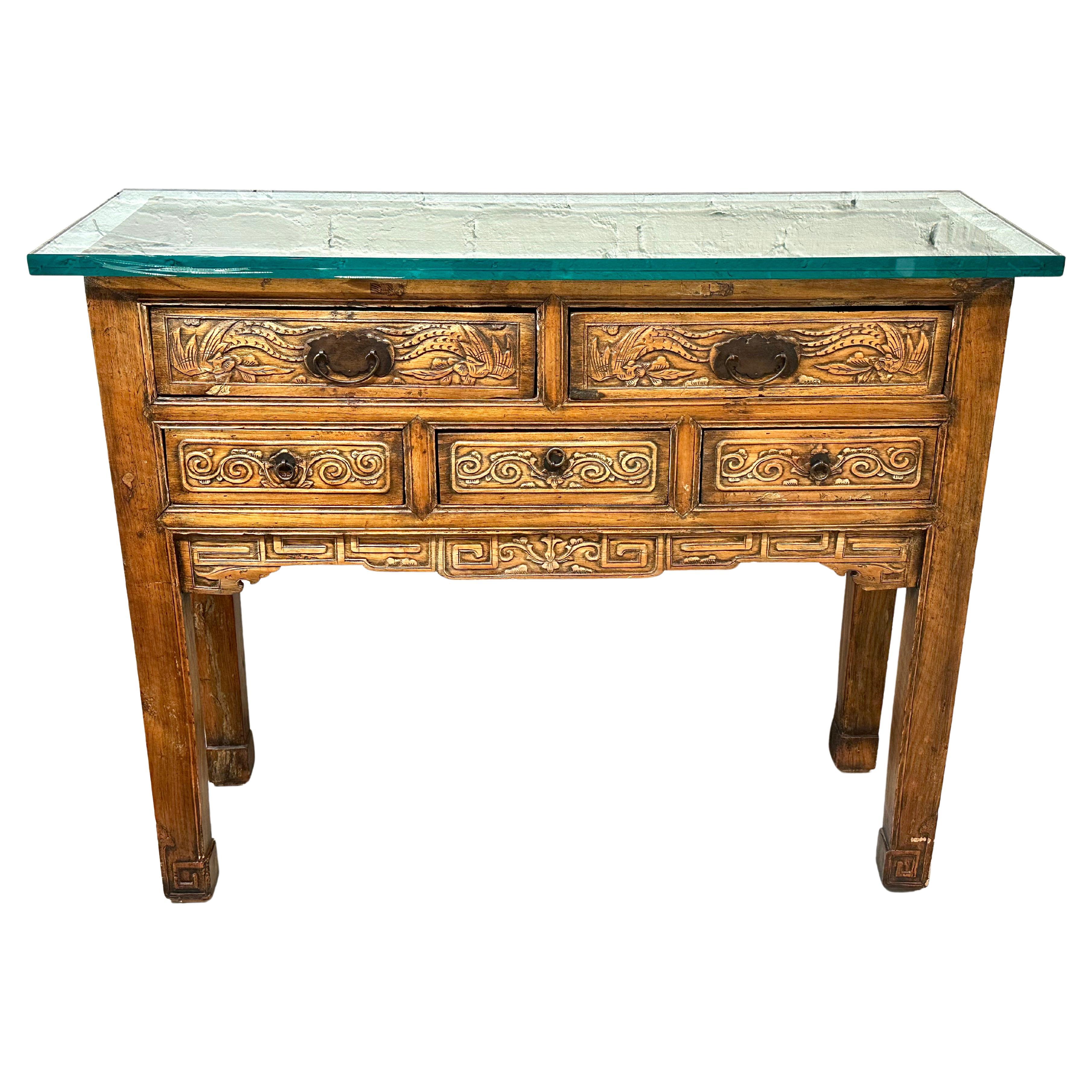 Antigua consola china de la dinastía Qing Mesa Alter tallada 3/4" Tapa de cristal en venta