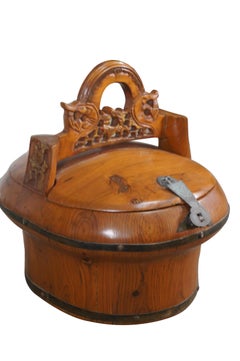 Antique Chinese Qing Dynasty Elm Carved Tea Caddy Holder Wedding Food Basket