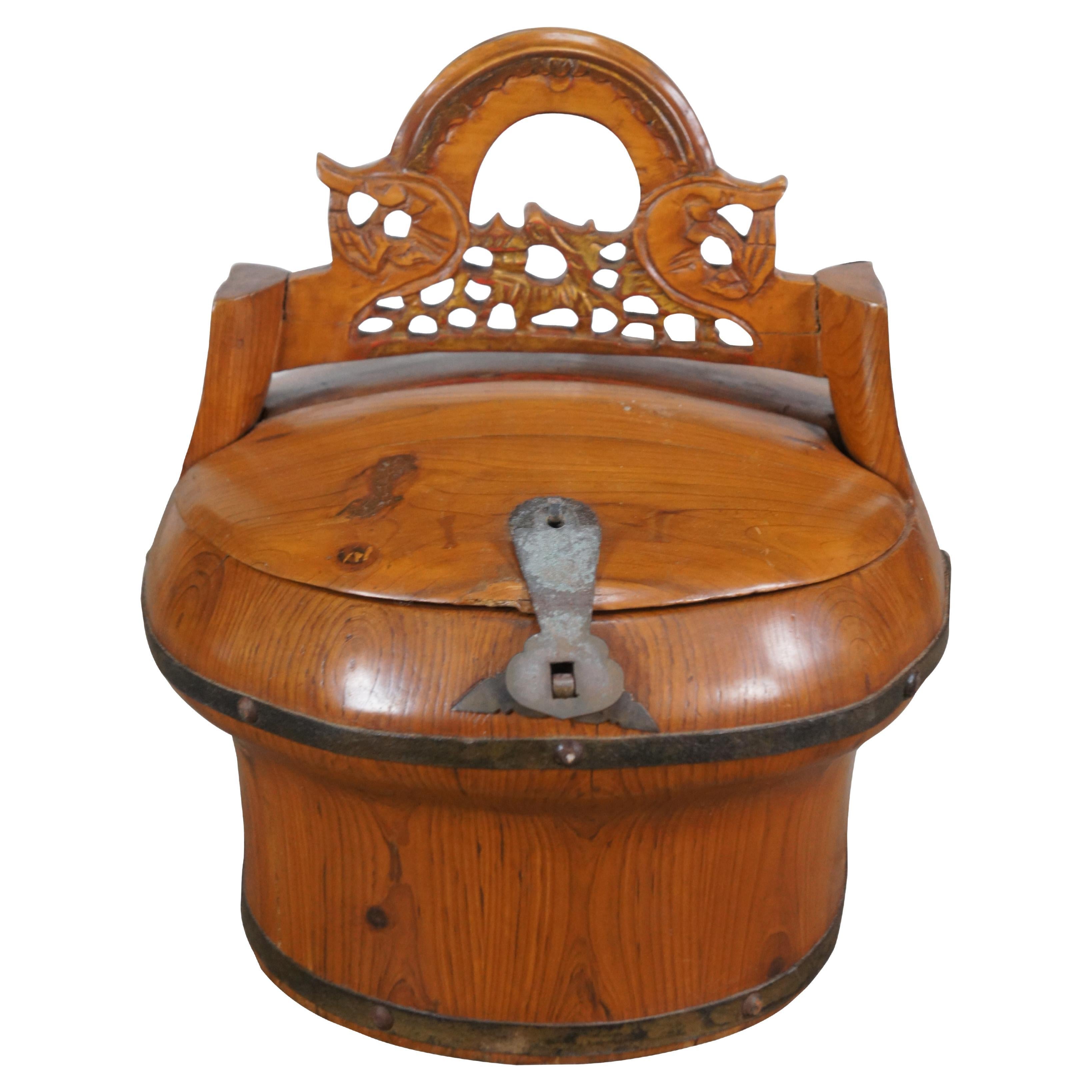 Antique Chinese Qing Dynasty Elm Carved Tea Caddy Holder Wedding Food Basket