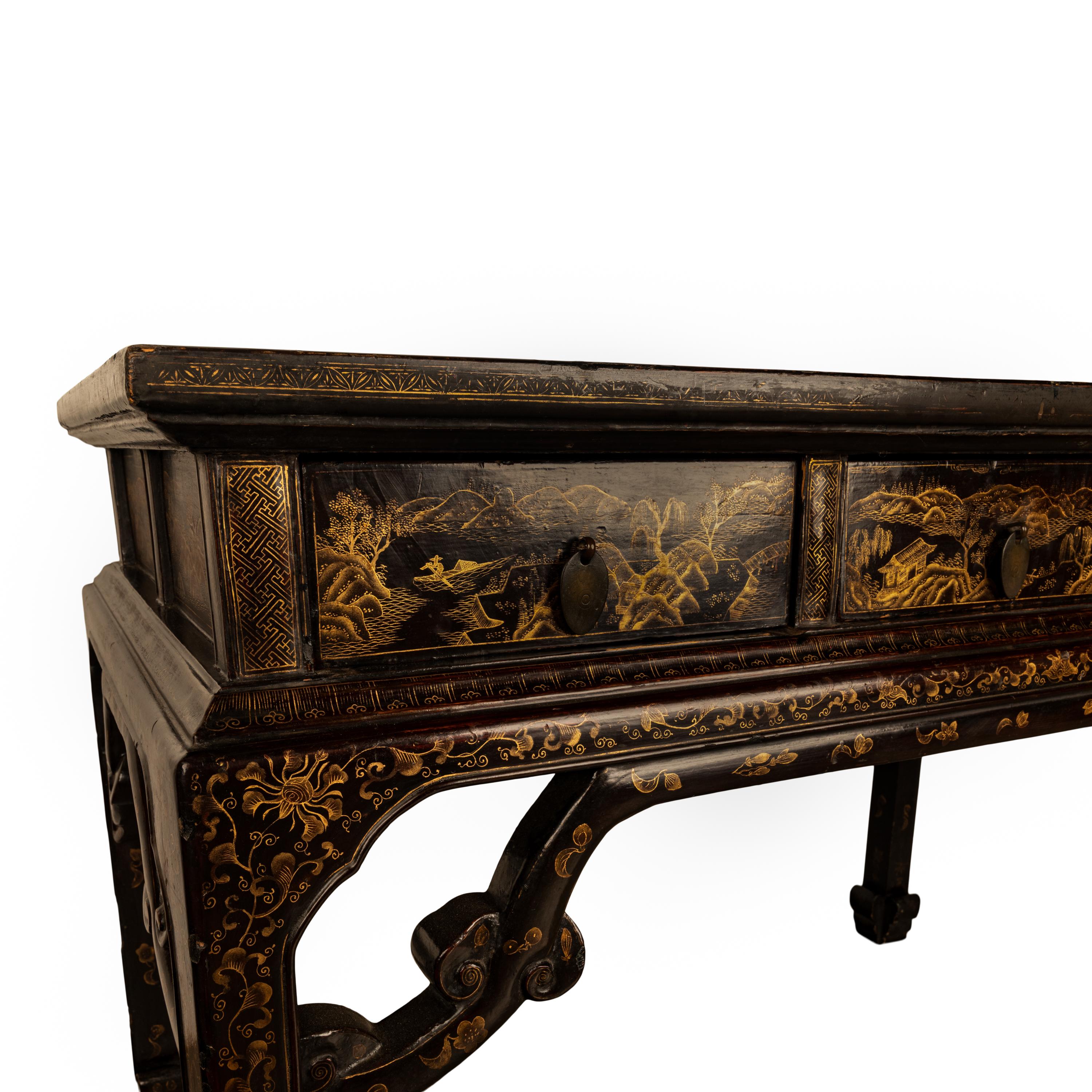 Antique Chinese Qing Dynasty Export Gilt Black Lacquer Table 3 Drawer Desk 1850 For Sale 5