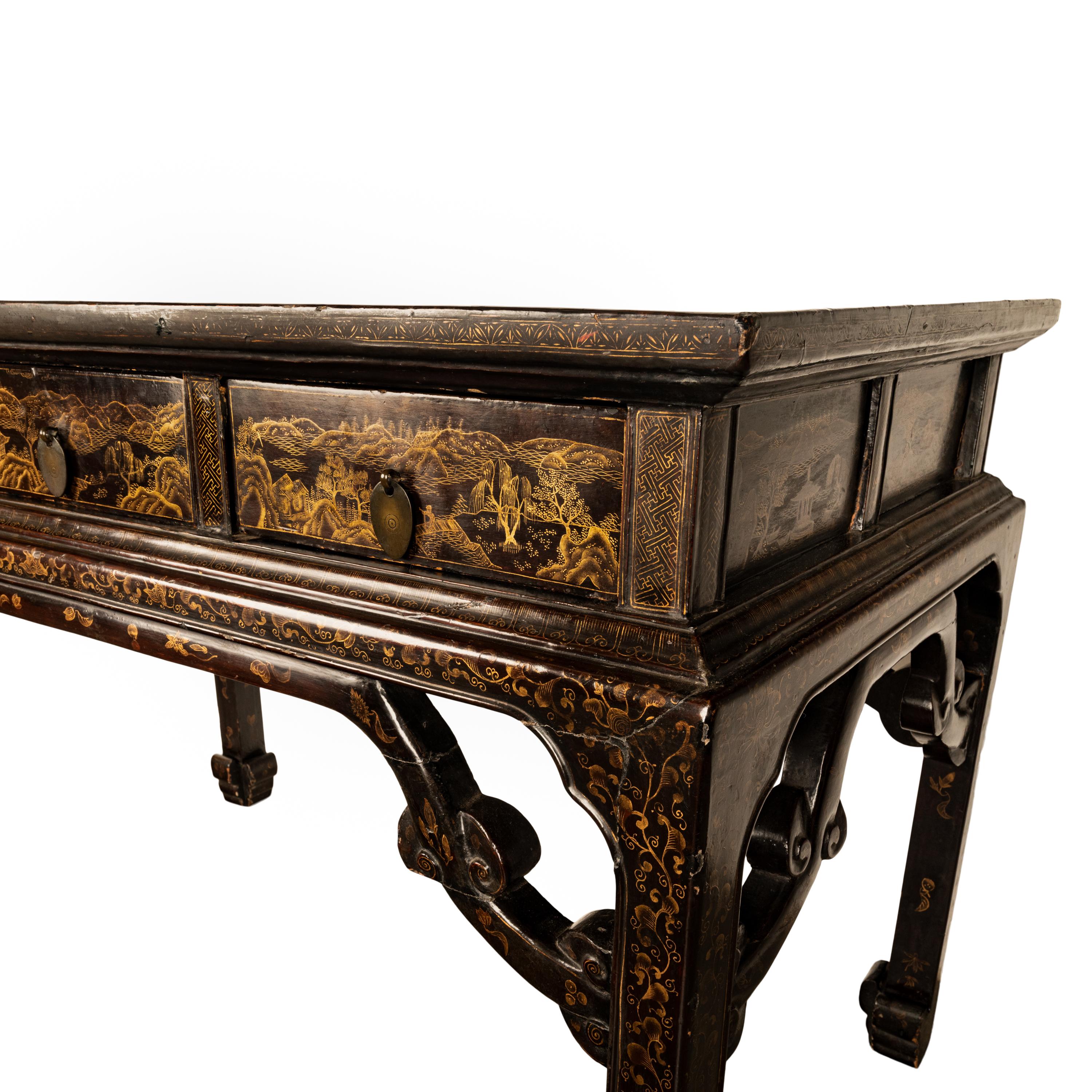 Antique Chinese Qing Dynasty Export Gilt Black Lacquer Table 3 Drawer Desk 1850 For Sale 6