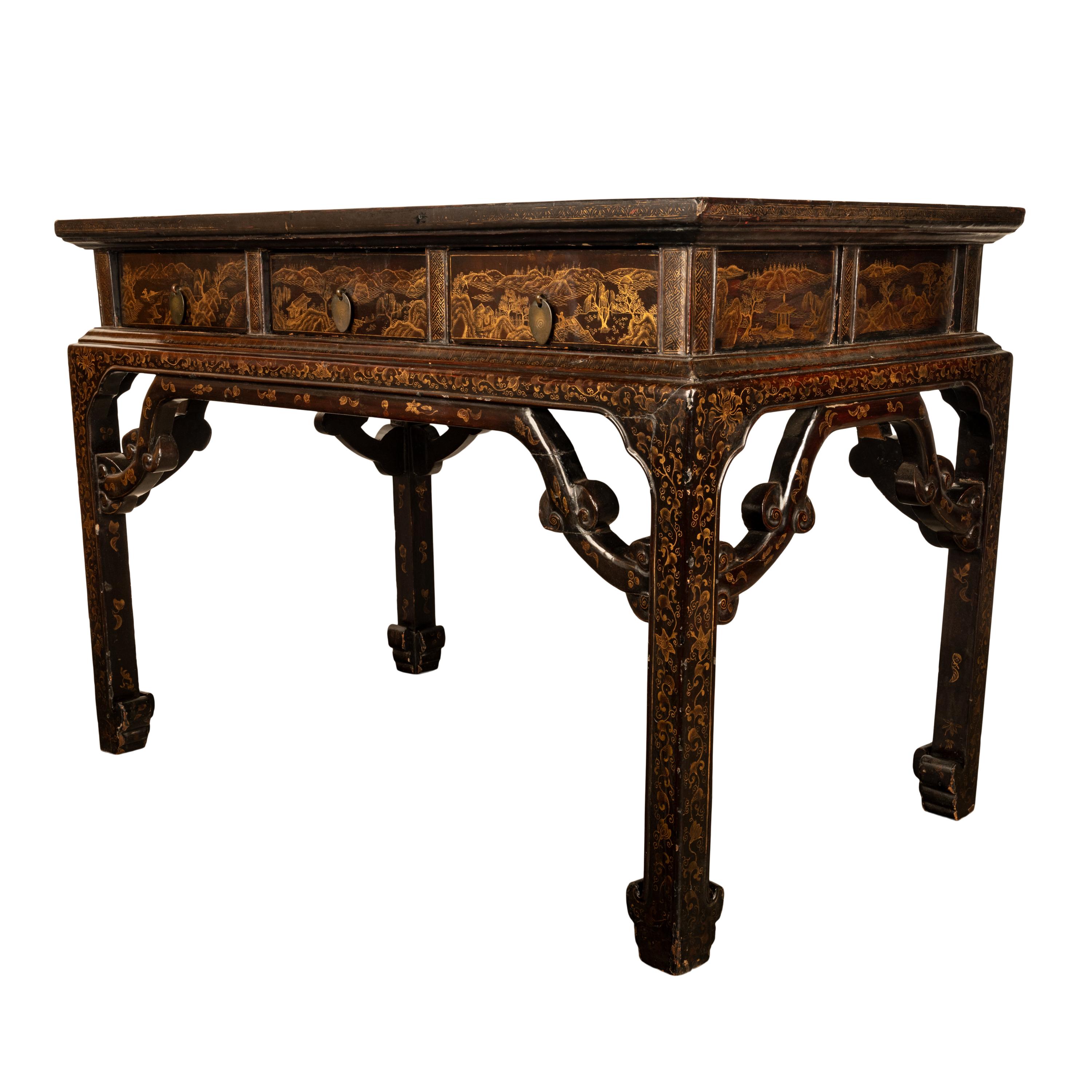 Antique Chinese Qing Dynasty Export Gilt Black Lacquer Table 3 Drawer Desk 1850 In Good Condition For Sale In Portland, OR