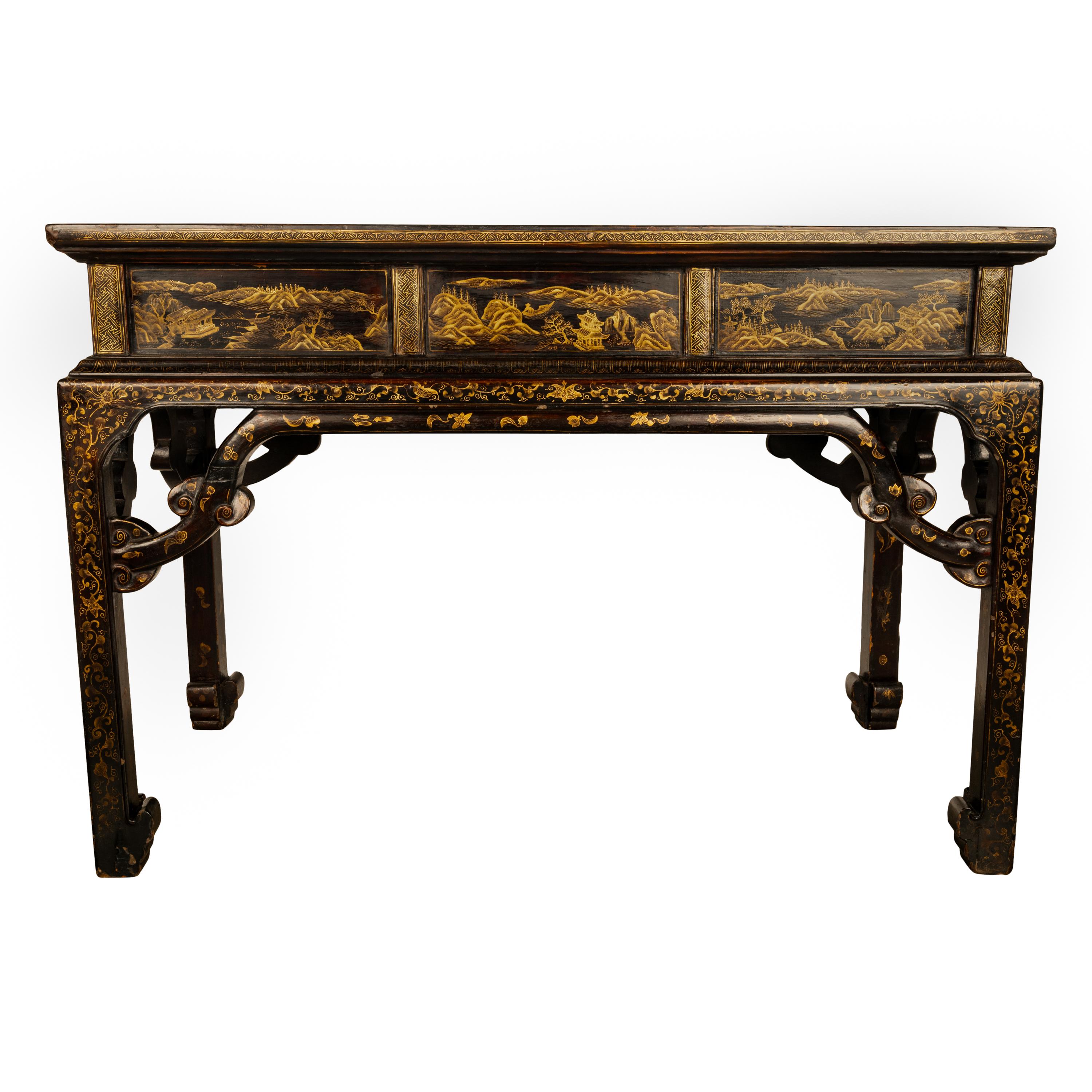 Mid-19th Century Antique Chinese Qing Dynasty Export Gilt Black Lacquer Table 3 Drawer Desk 1850 For Sale