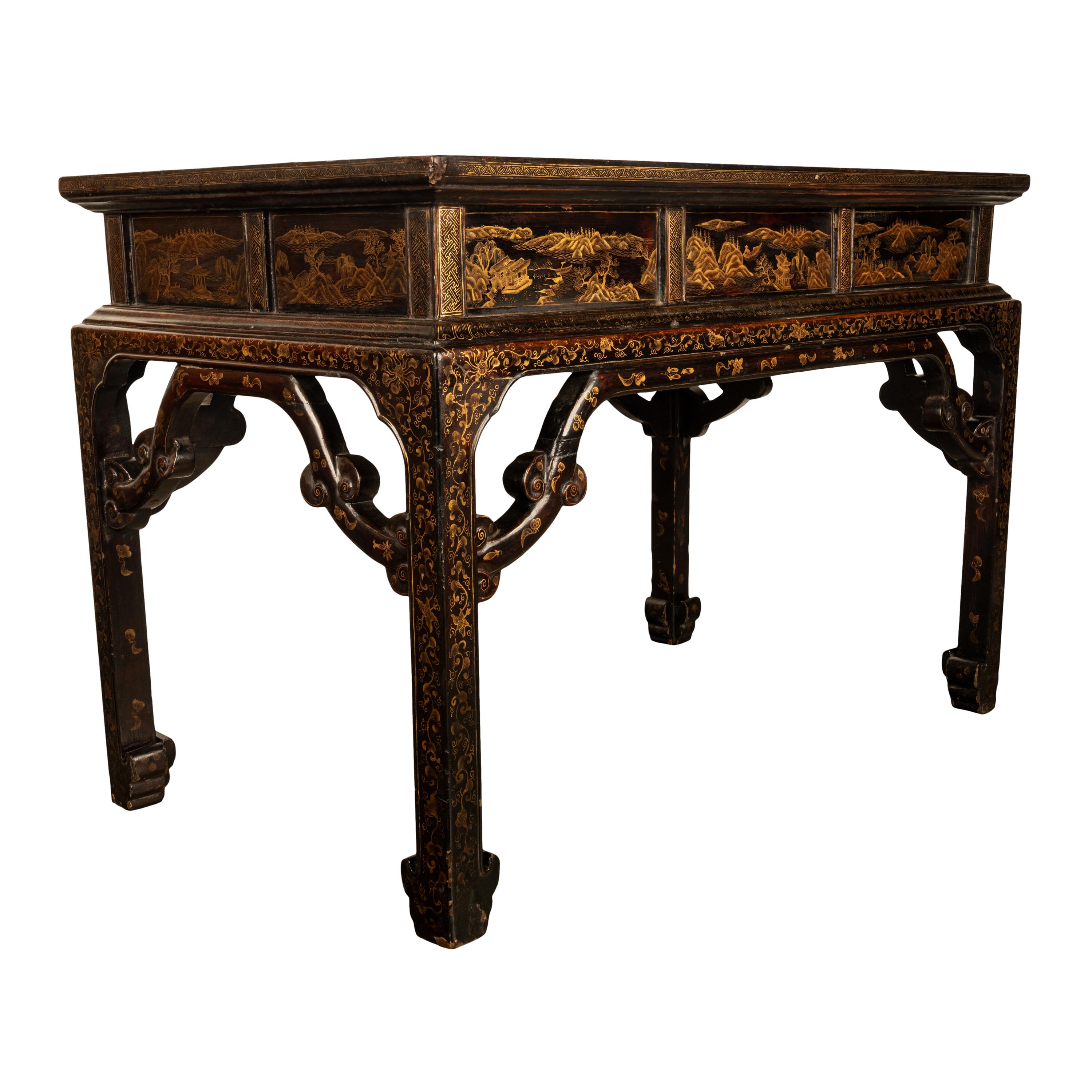Giltwood Antique Chinese Qing Dynasty Export Gilt Black Lacquer Table 3 Drawer Desk 1850 For Sale
