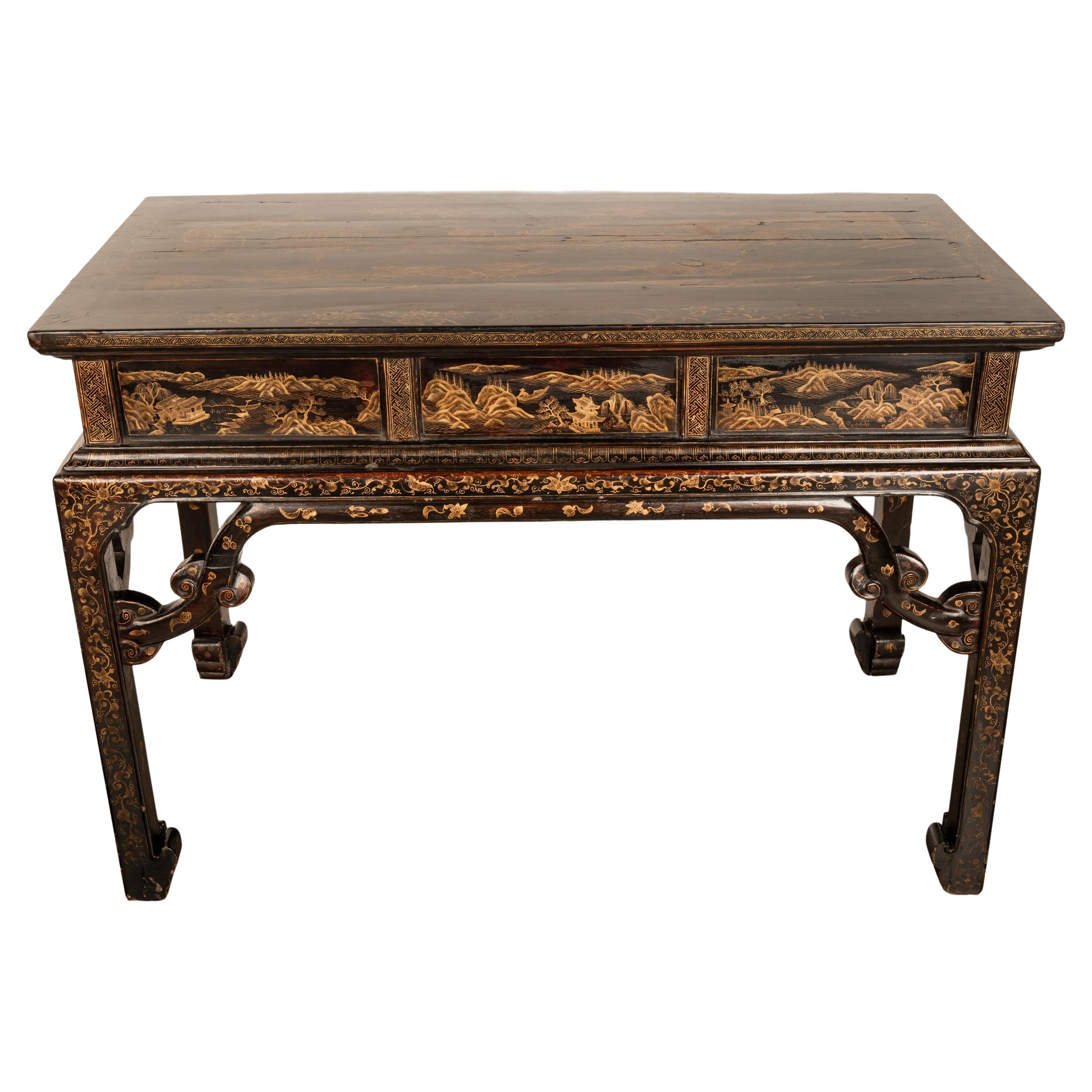 Antique Chinese Qing Dynasty Export Gilt Black Lacquer Table 3 Drawer Desk 1850 For Sale 1