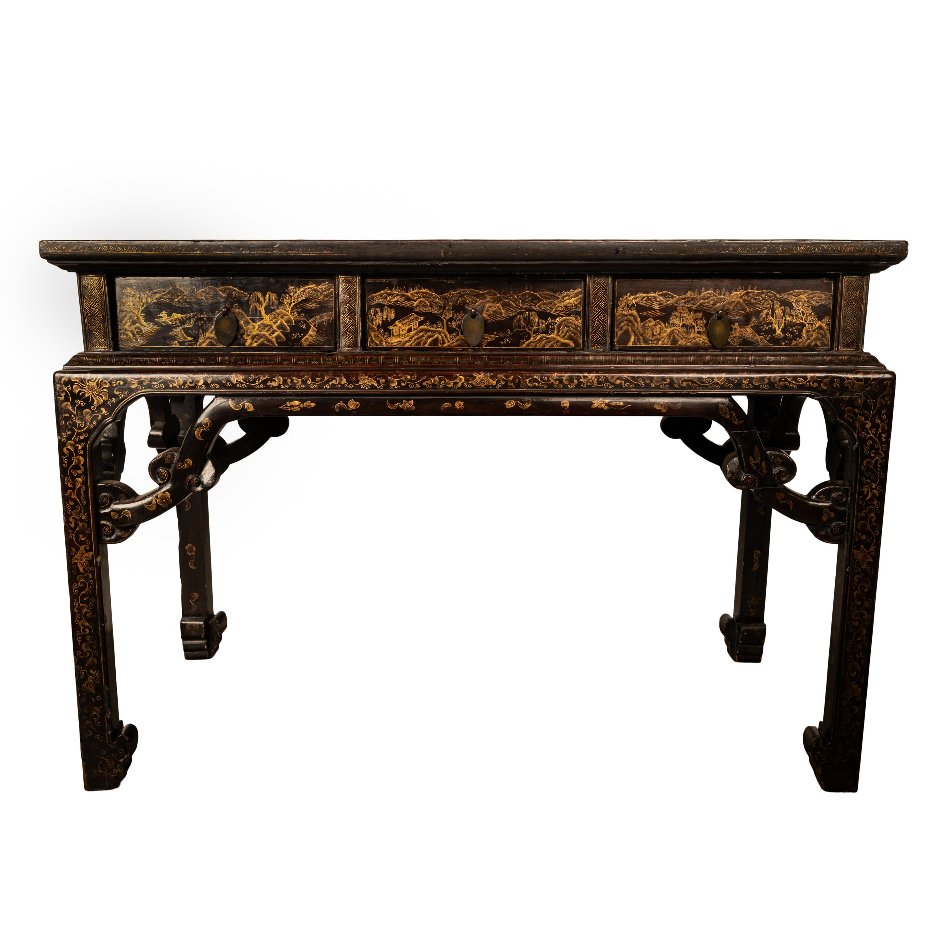 Antique Chinese Qing Dynasty Export Gilt Black Lacquer Table 3 Drawer Desk 1850 For Sale 2