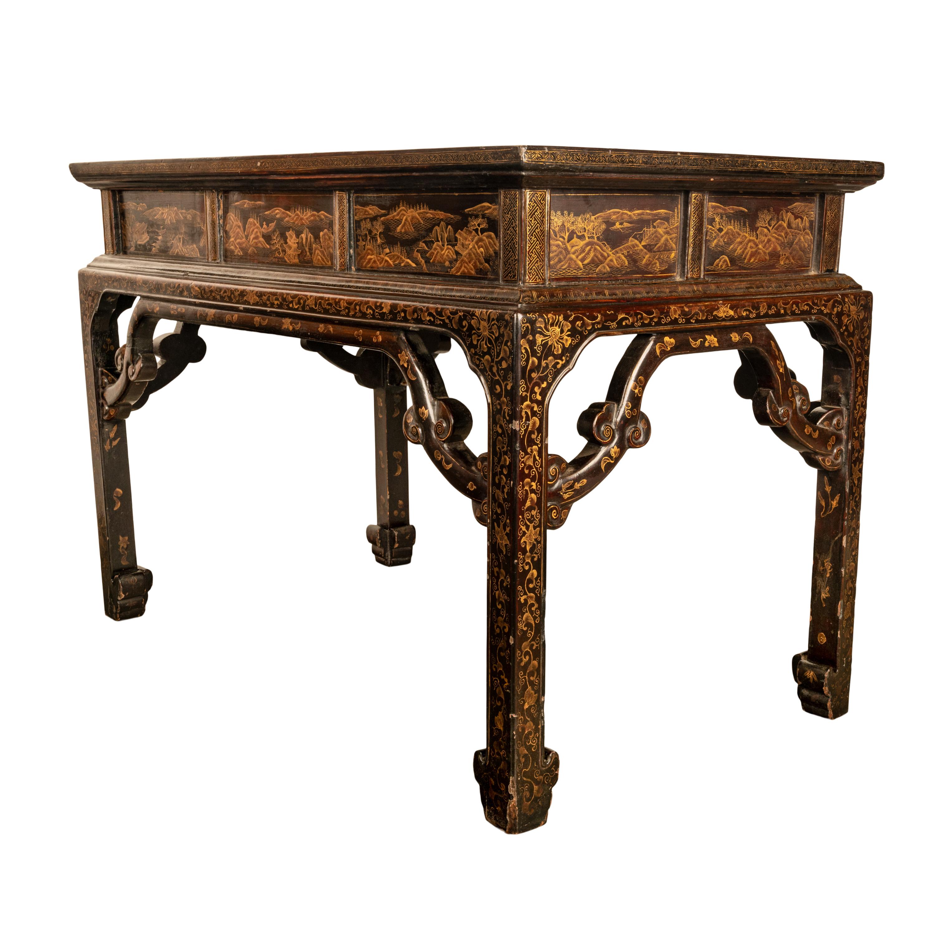 Antique Chinese Qing Dynasty Export Gilt Black Lacquer Table 3 Drawer Desk 1850 For Sale 3