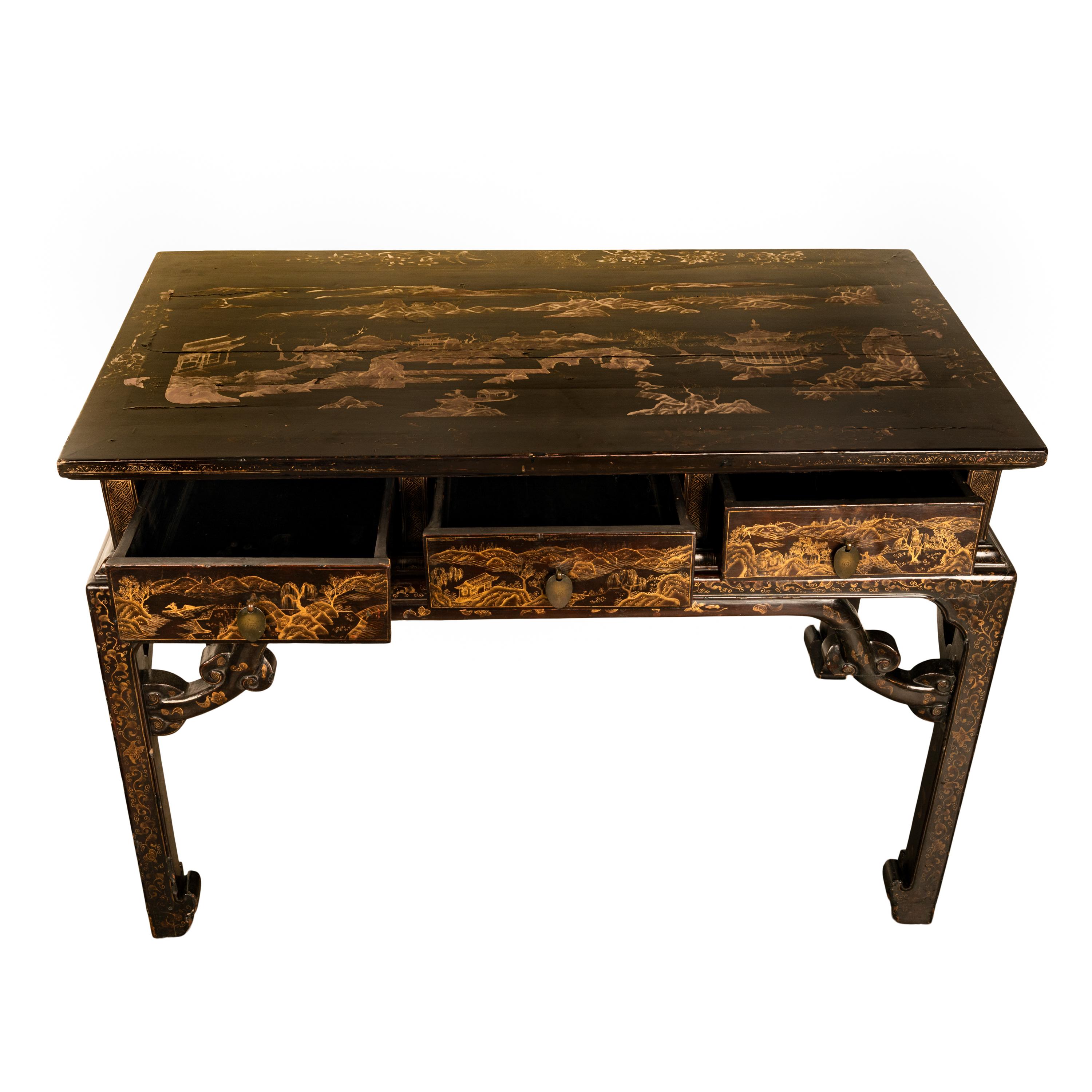 Antique Chinese Qing Dynasty Export Gilt Black Lacquer Table 3 Drawer Desk 1850 For Sale 4
