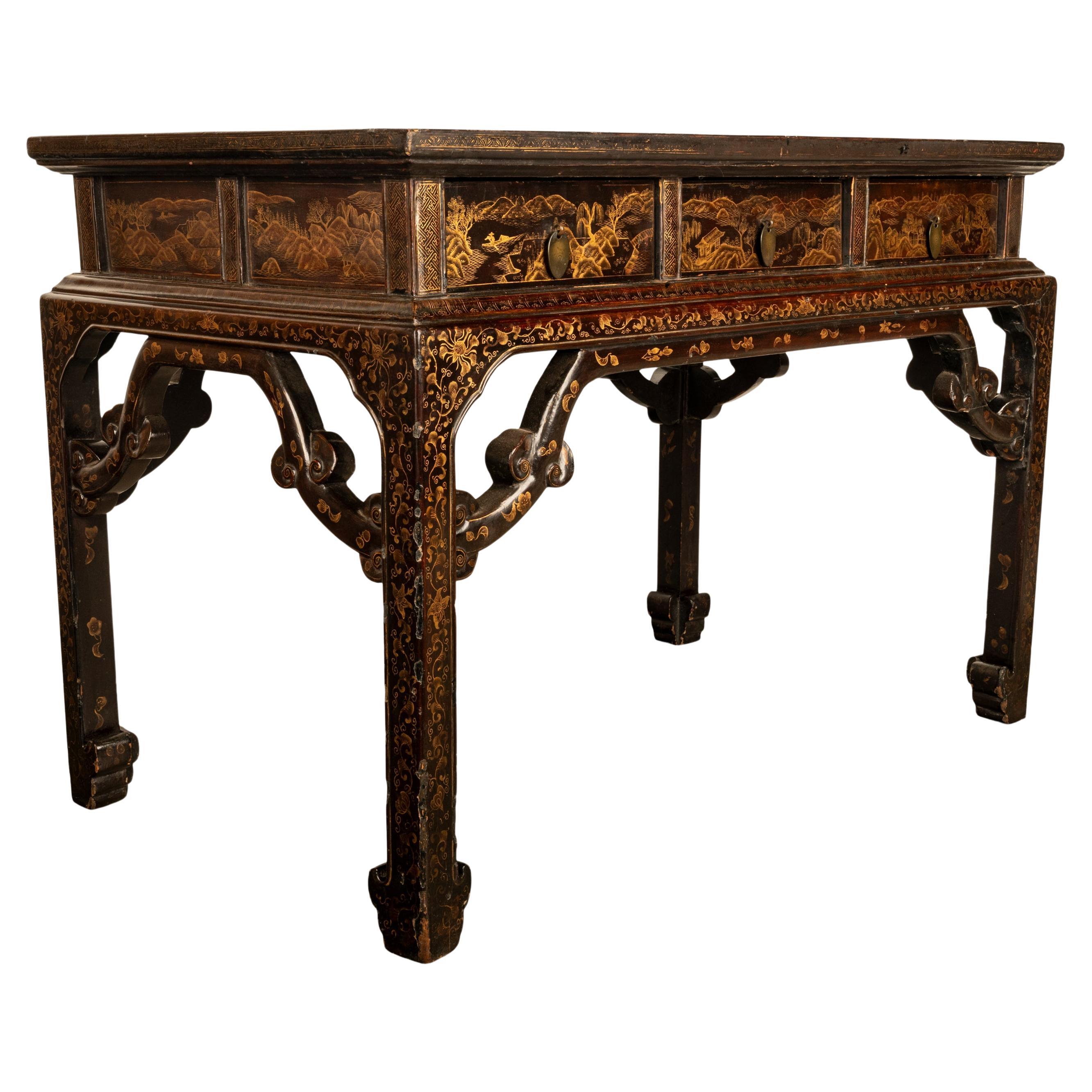 Antique Chinese Qing Dynasty Export Gilt Black Lacquer Table 3 Drawer Desk 1850 For Sale