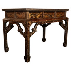 Antique Chinese Qing Dynasty Export Gilt Black Lacquer Table 3 Drawer Desk 1850