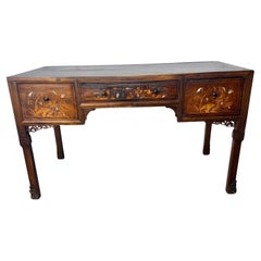 Antique Chinese Qing Dynasty Export Inlay Console Table, 3 Drawer Desk 1850s
