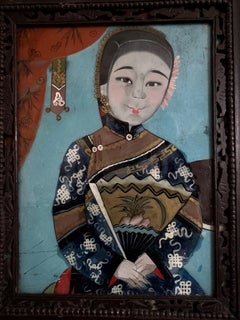Antique Chinese Qing Dynasty Export Reverse Glass Painting of a Court Beauty