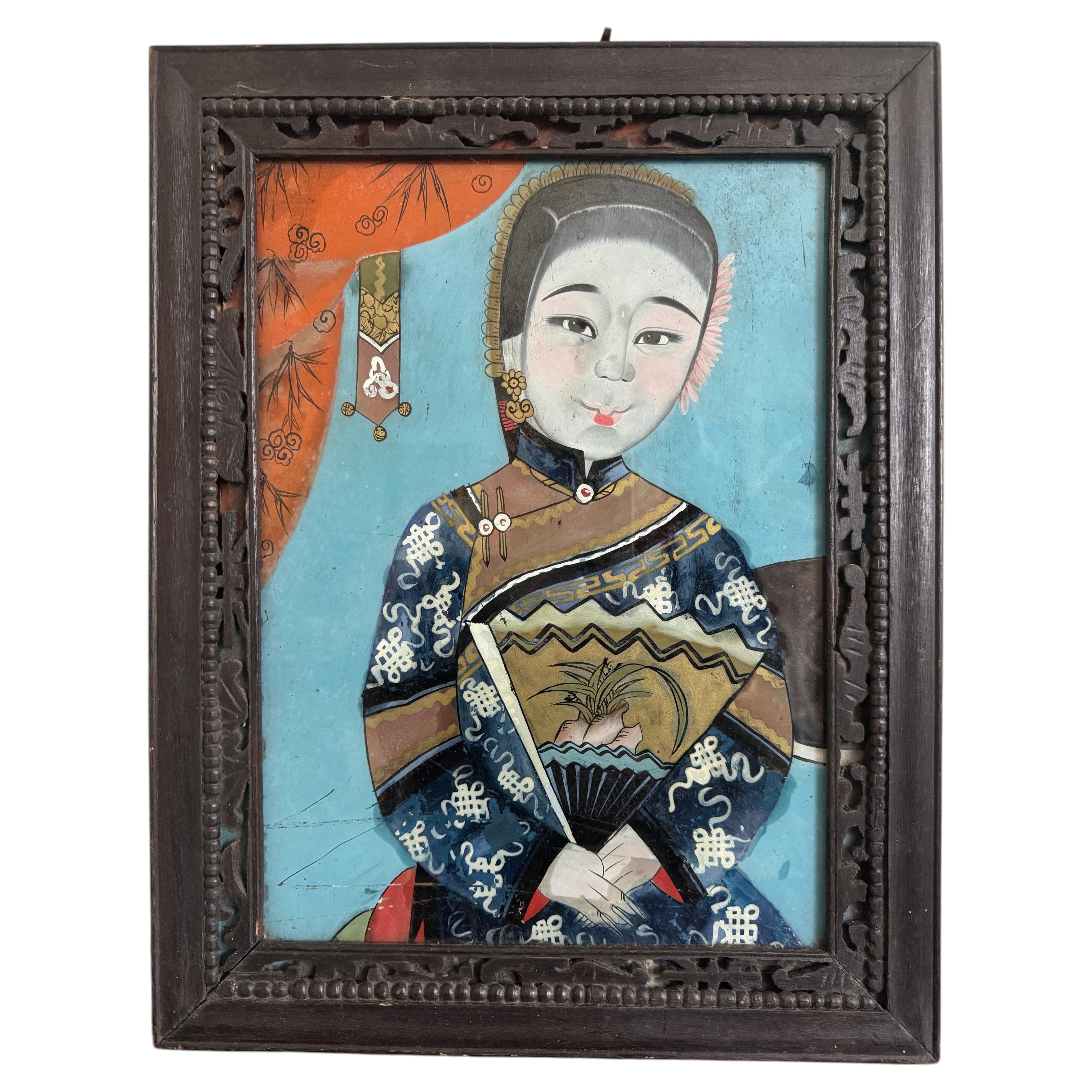 Ancienne peinture en verre inversé d'une beauté de cour de la dynastie chinoise Qing