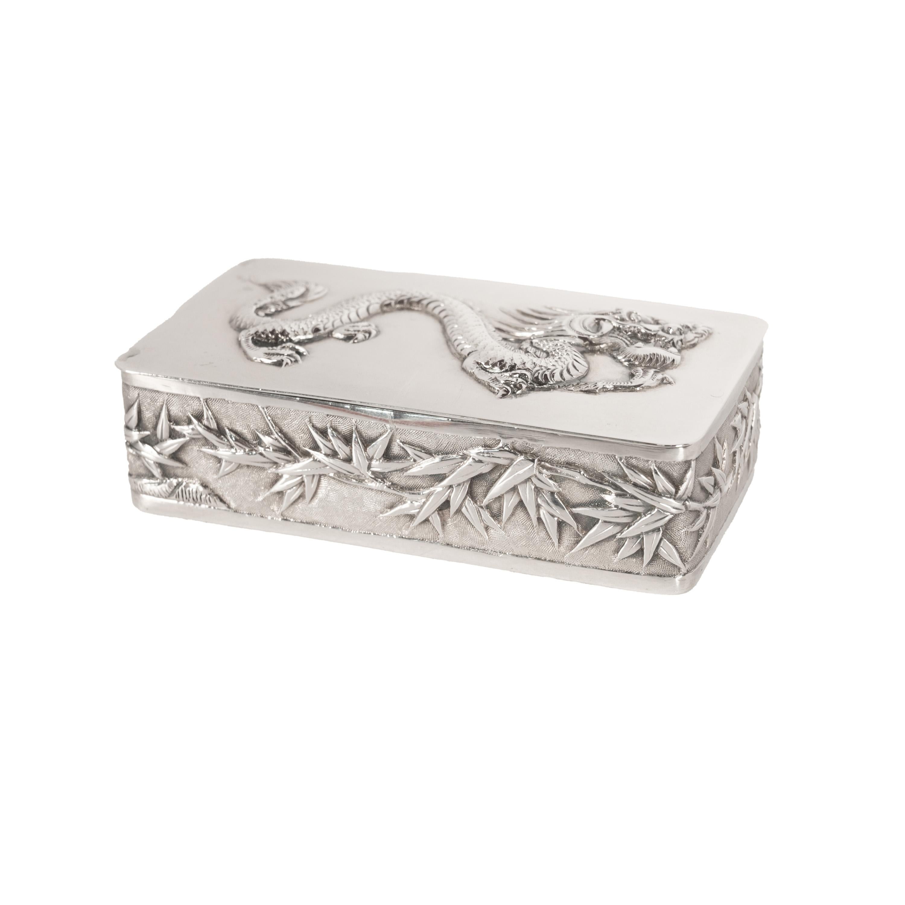 Chinese Export Antique Chinese Qing Dynasty Export Silver Gilt Dragon Snuff Box Wang Hing 1900 For Sale