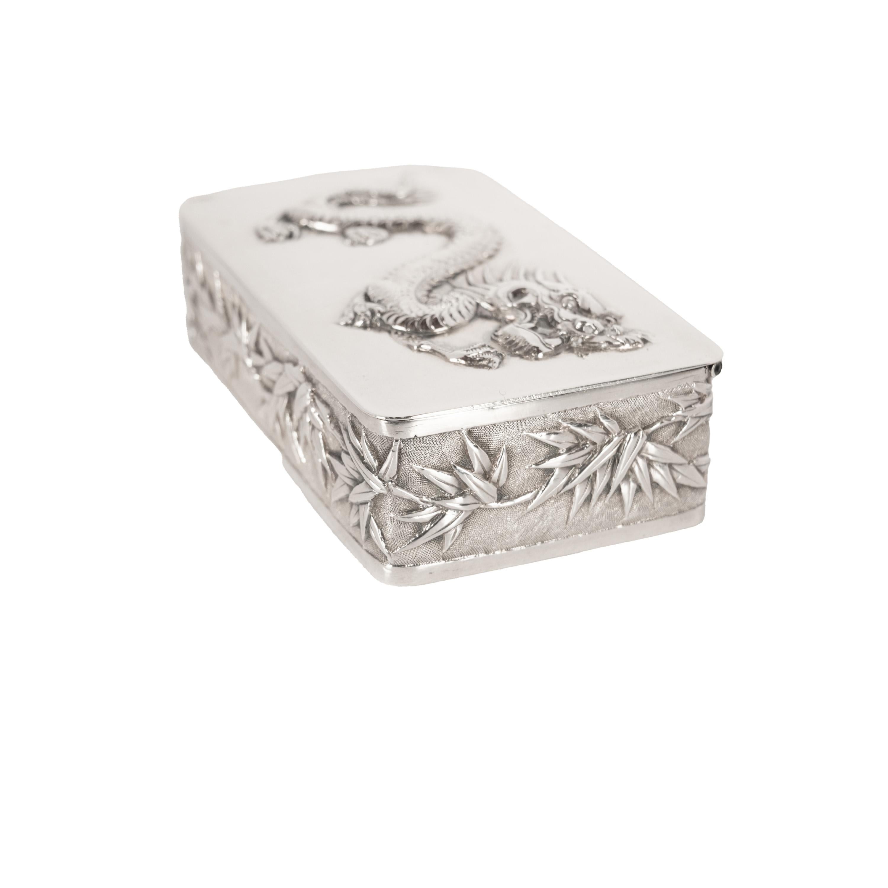 Repoussé Antique Chinese Qing Dynasty Export Silver Gilt Dragon Snuff Box Wang Hing 1900 For Sale