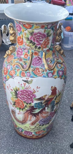 Antique Chinese Qing Dynasty Famille Rose Floor Vase Handpainted with Phoenix Bi