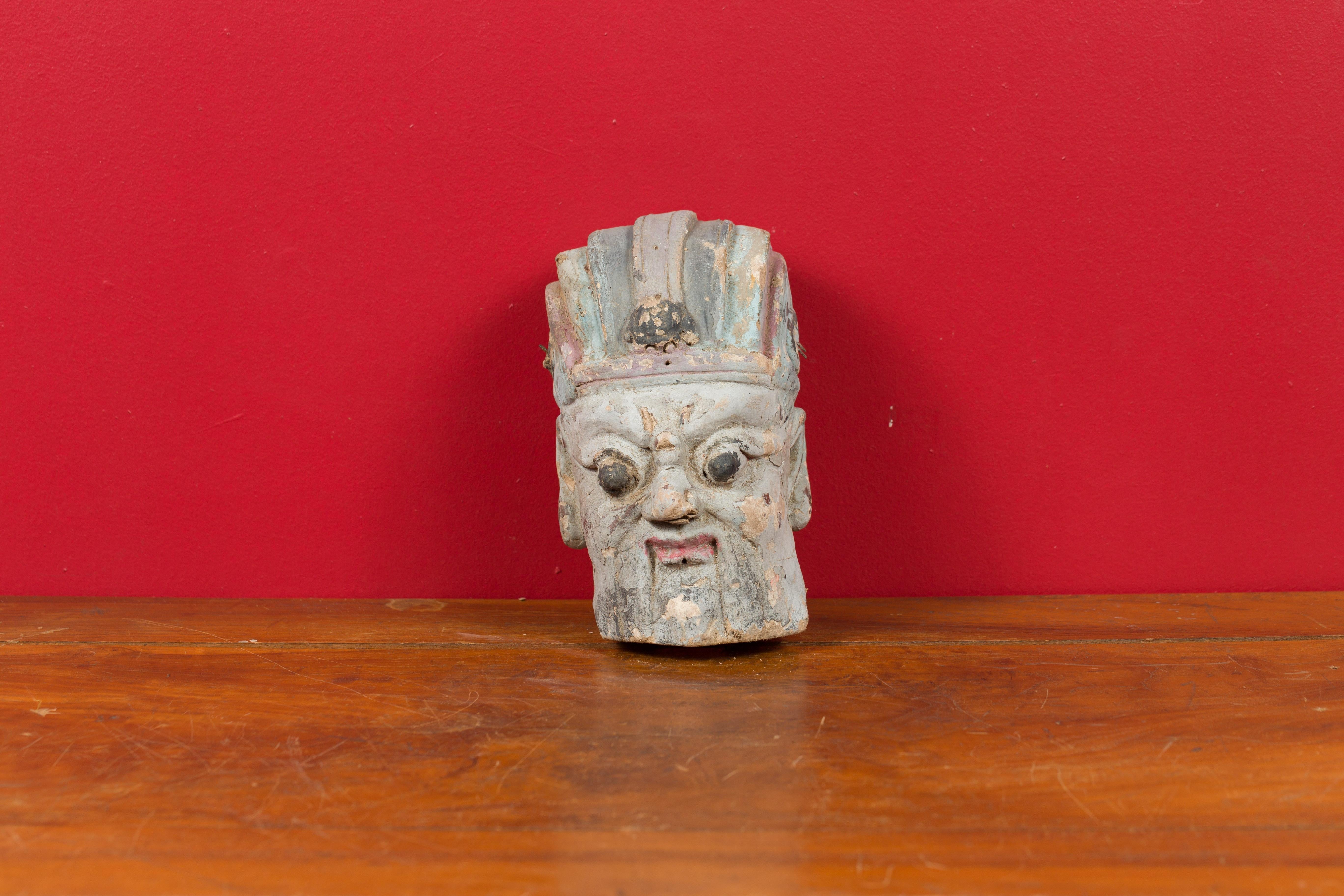 Hand-Painted Antique Chinese Qing Dynasty Hand Painted Terracotta Head with Headdress For Sale