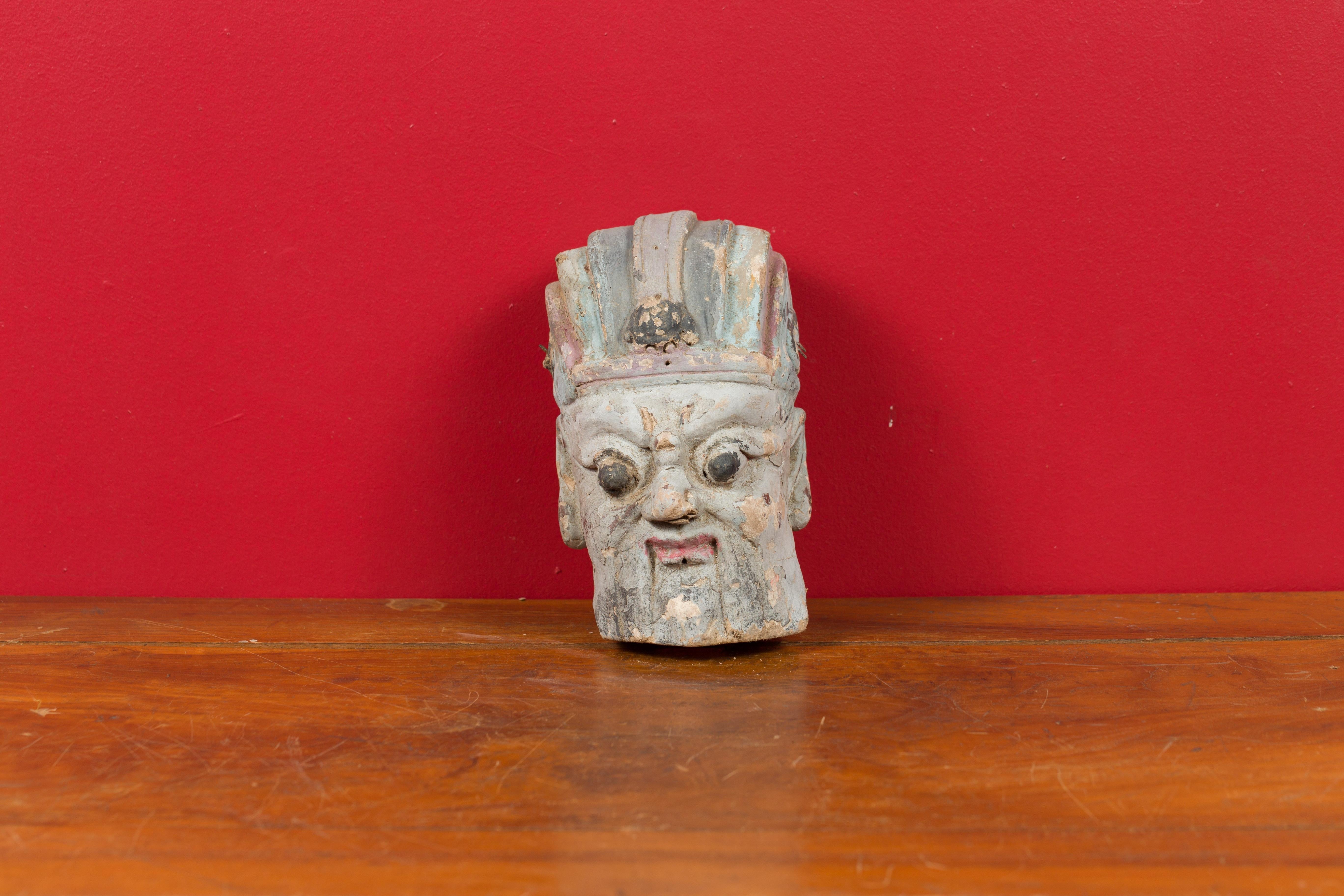 Chinese Qing Dynasty Terracotta Head Sculpture with Headdress and Distressed Finish For Sale