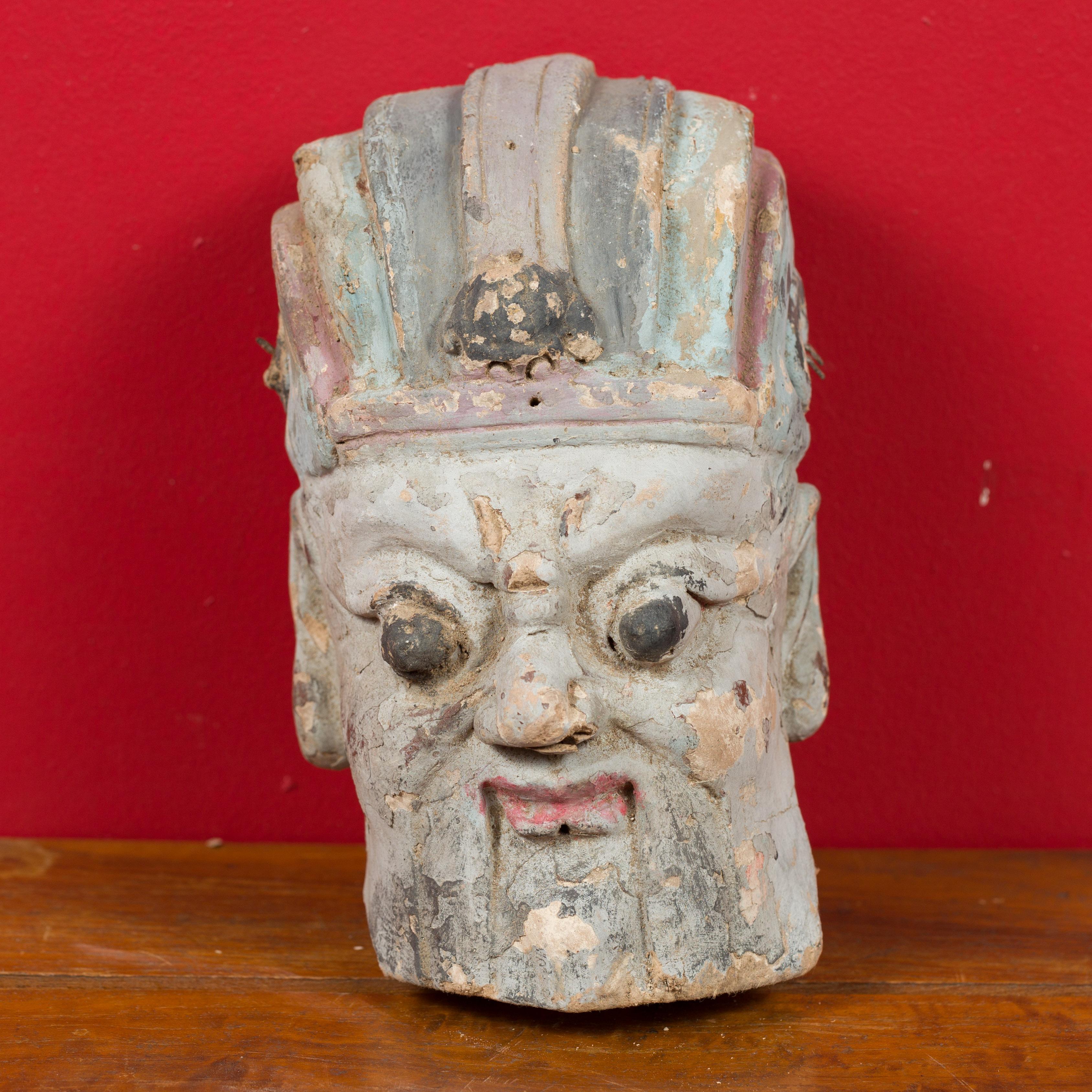 Hand-Painted Qing Dynasty Terracotta Head Sculpture with Headdress and Distressed Finish For Sale