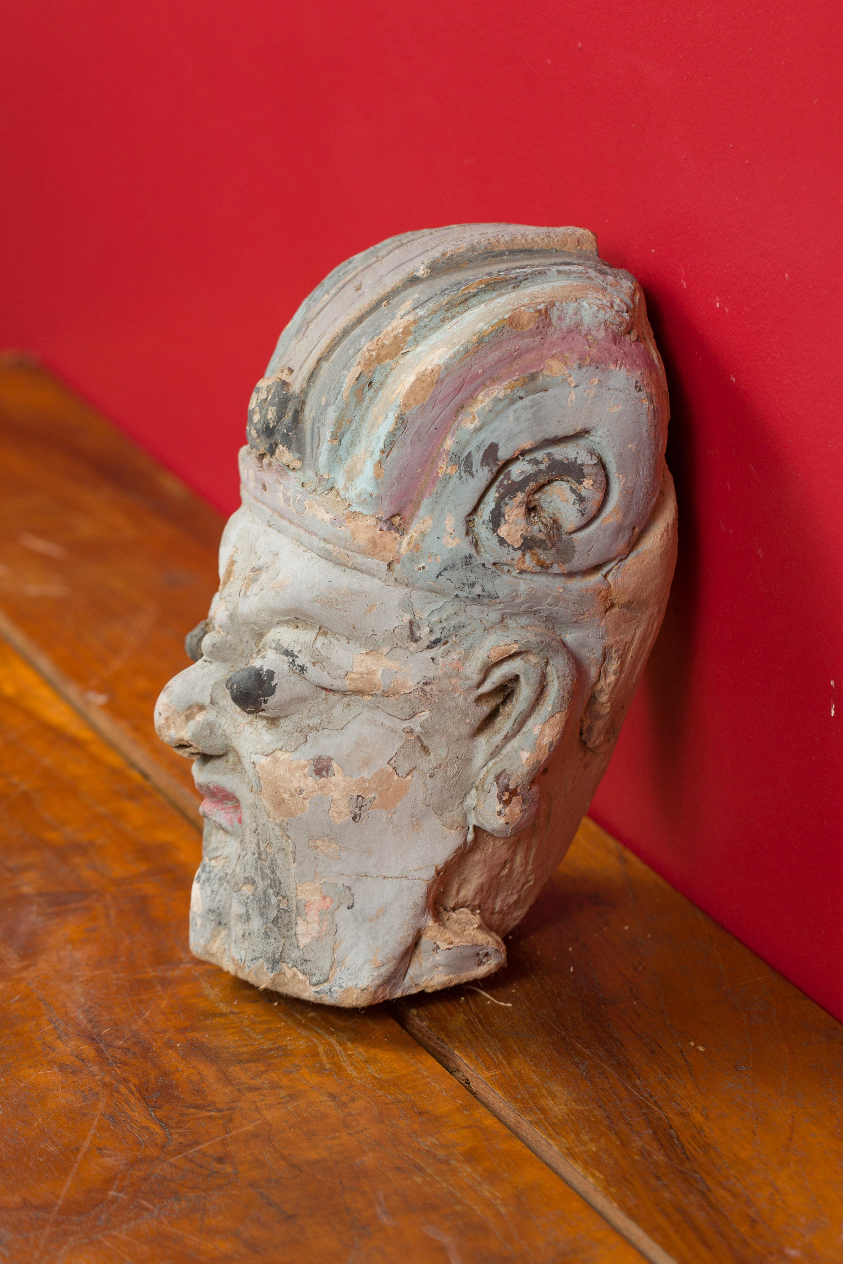 19th Century Antique Chinese Qing Dynasty Hand Painted Terracotta Head with Headdress For Sale