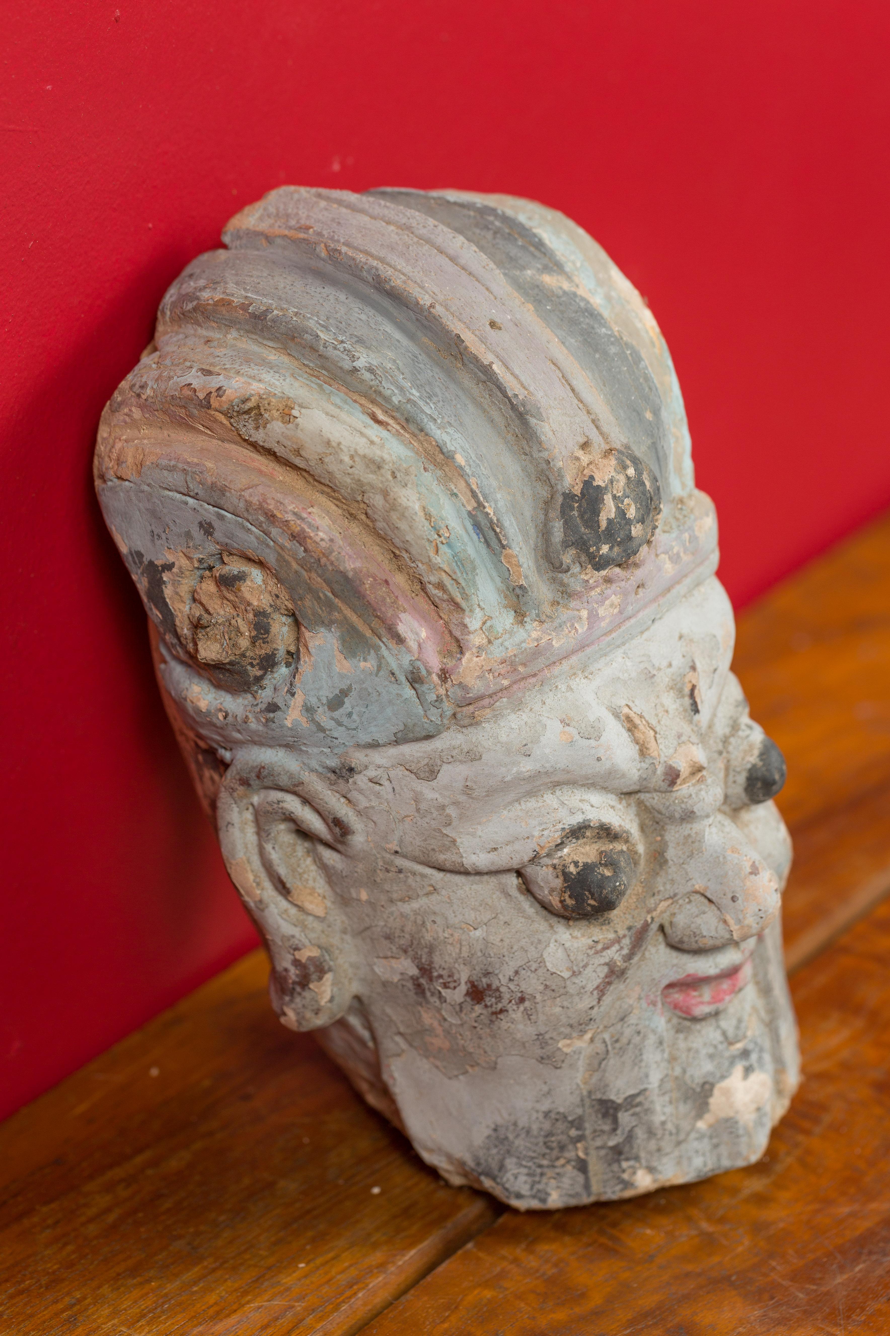 Antique Chinese Qing Dynasty Hand Painted Terracotta Head with Headdress For Sale 1