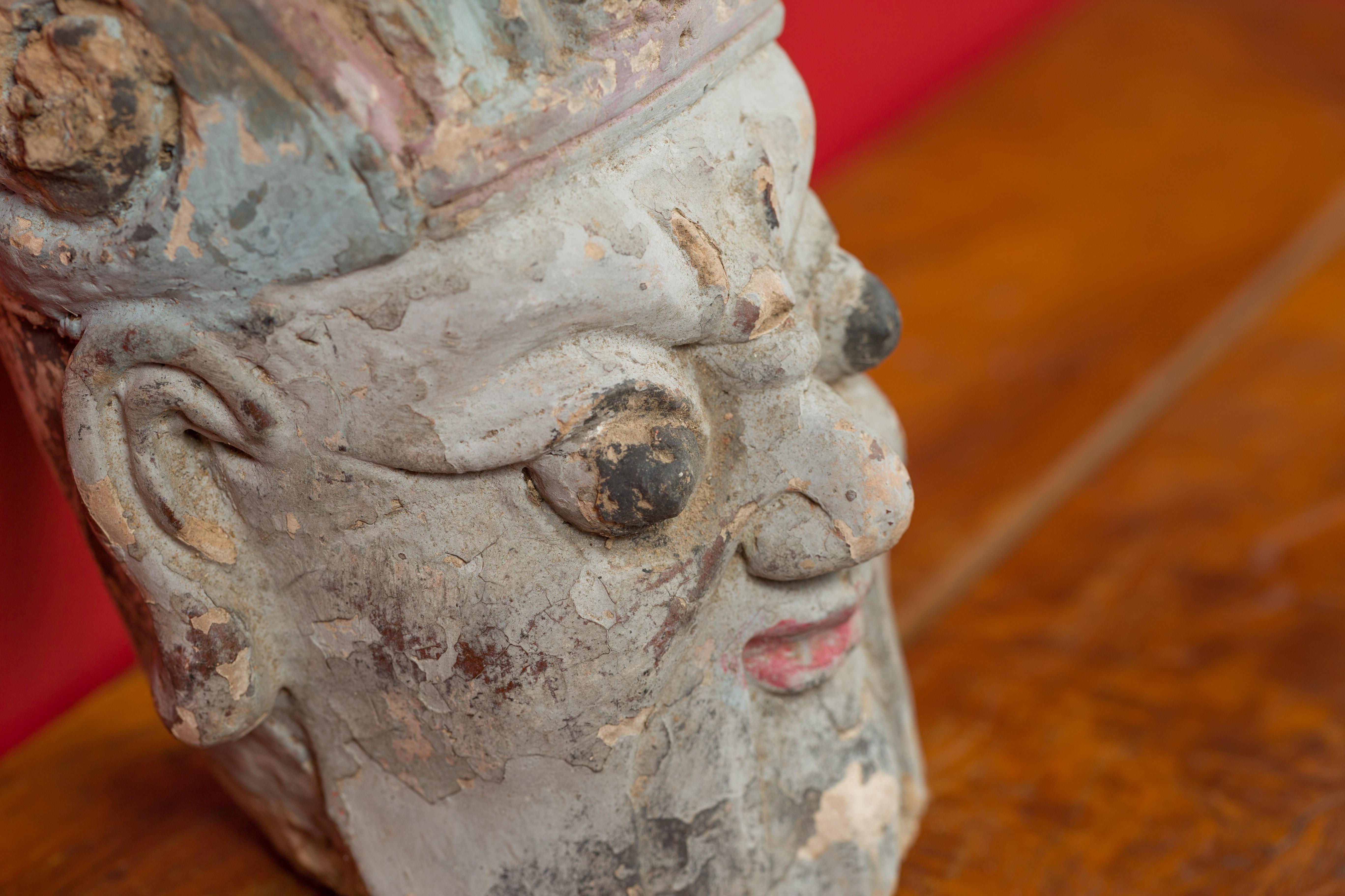 Qing Dynasty Terracotta Head Sculpture with Headdress and Distressed Finish For Sale 1