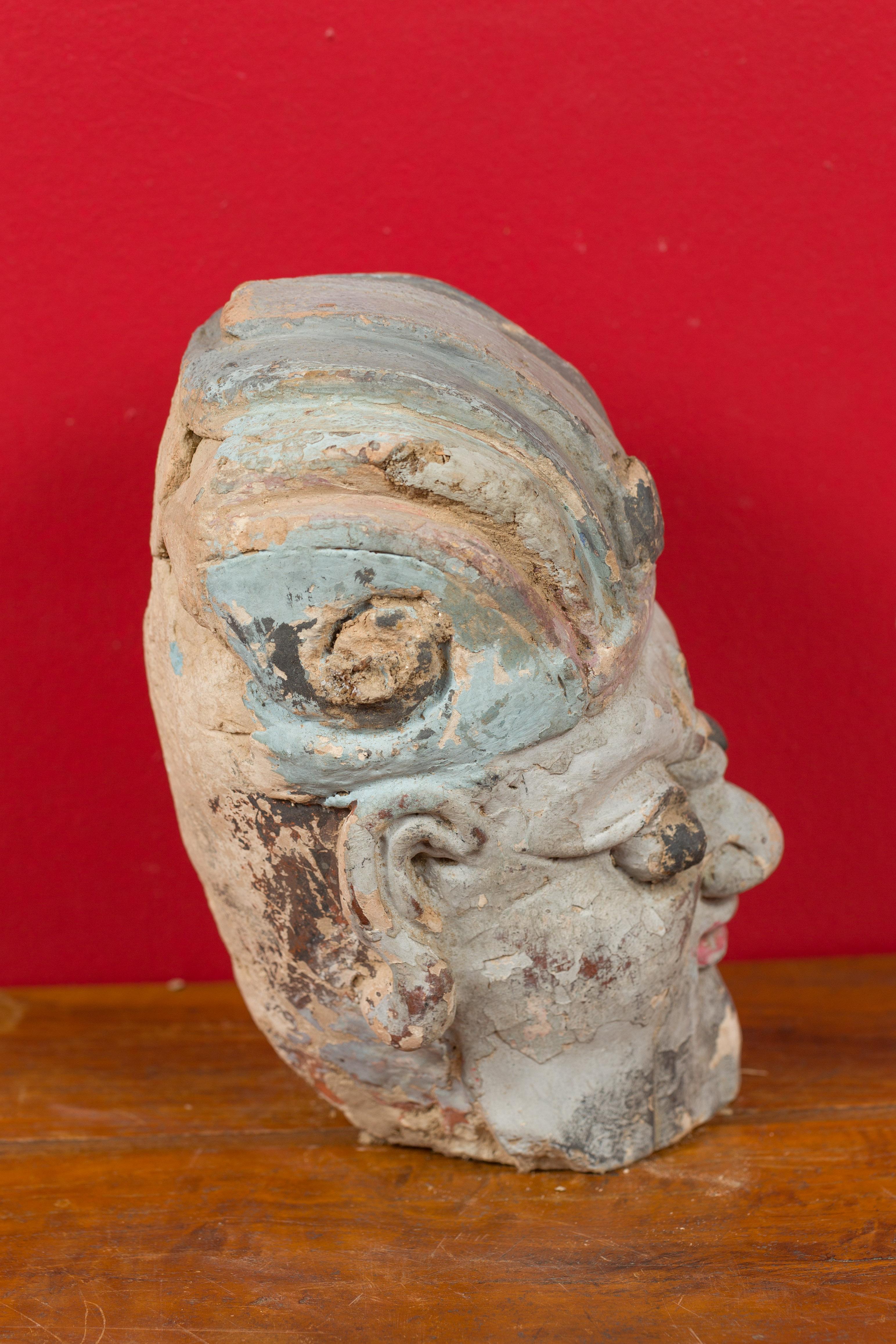 Antique Chinese Qing Dynasty Hand Painted Terracotta Head with Headdress For Sale 3