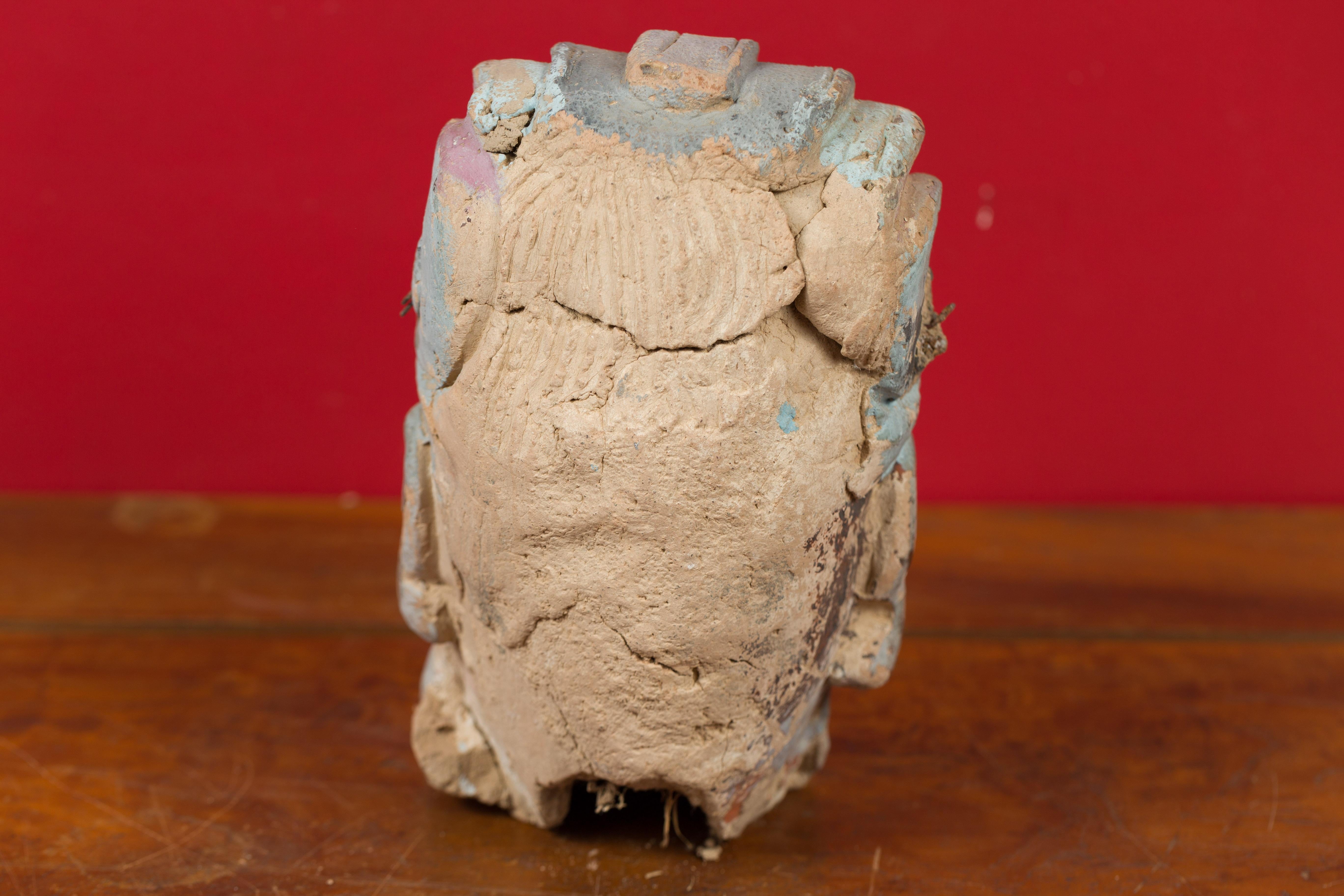 Qing Dynasty Terracotta Head Sculpture with Headdress and Distressed Finish For Sale 3