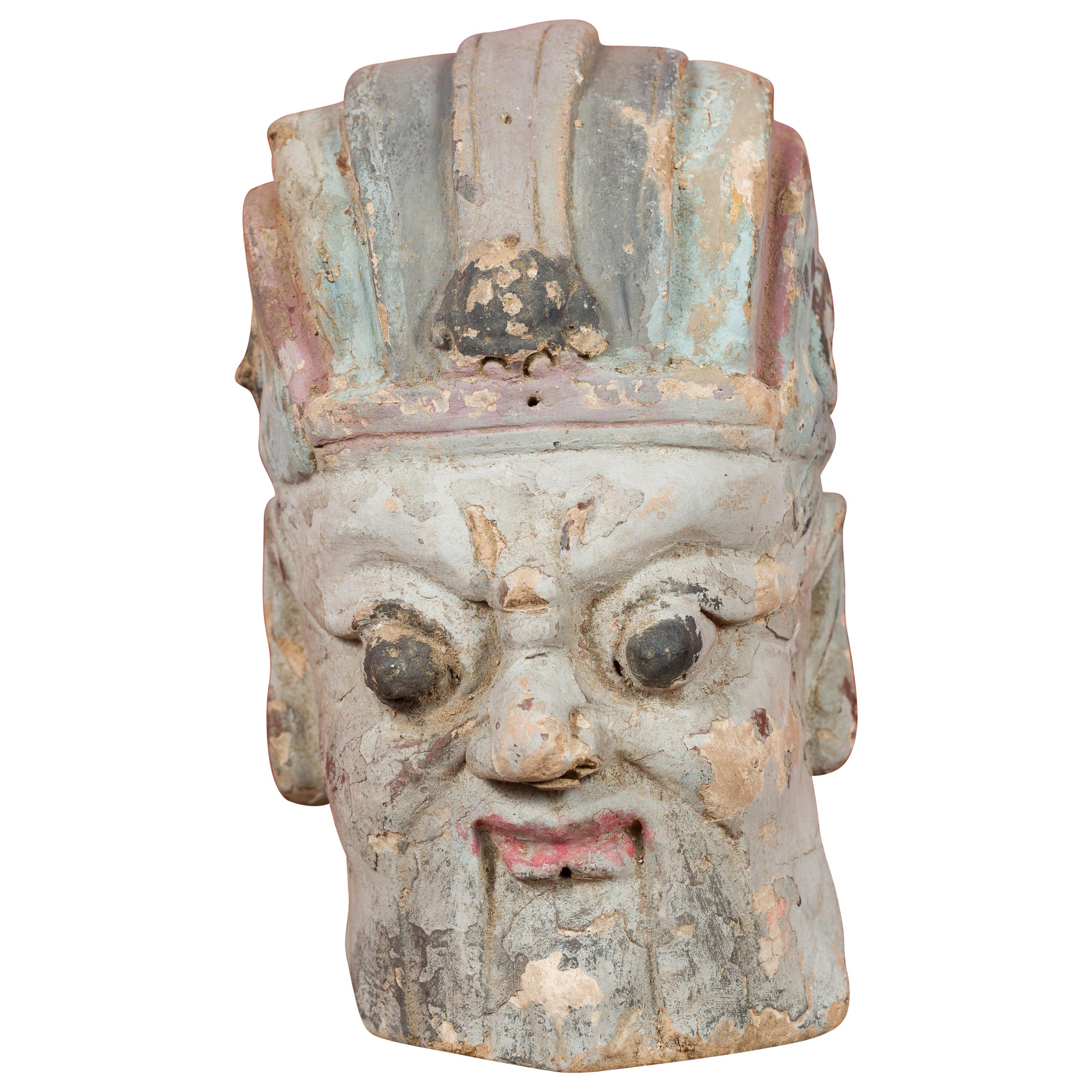 Antique Chinese Qing Dynasty Hand Painted Terracotta Head with Headdress