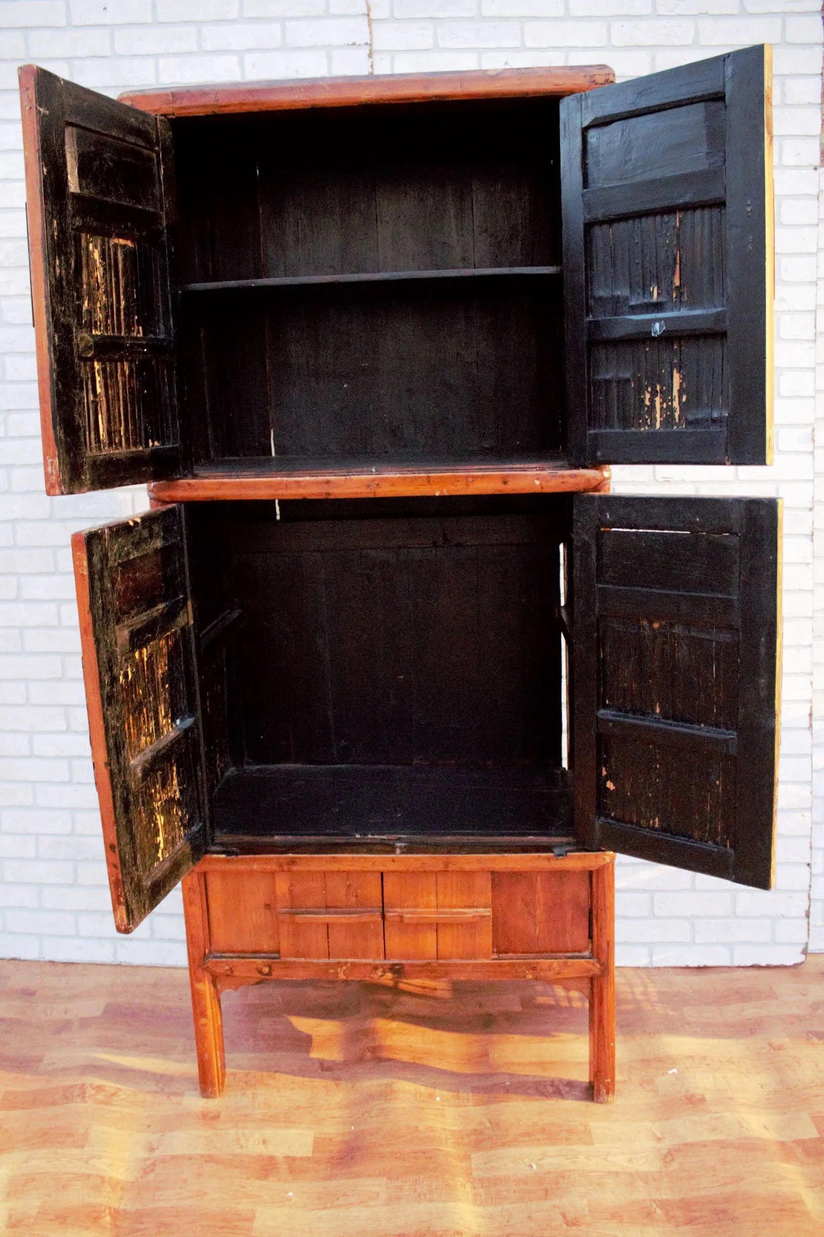 20th Century Antique Chinese Qing Dynasty Kitchen Cabinet with Bamboo and Sliding Panels For Sale