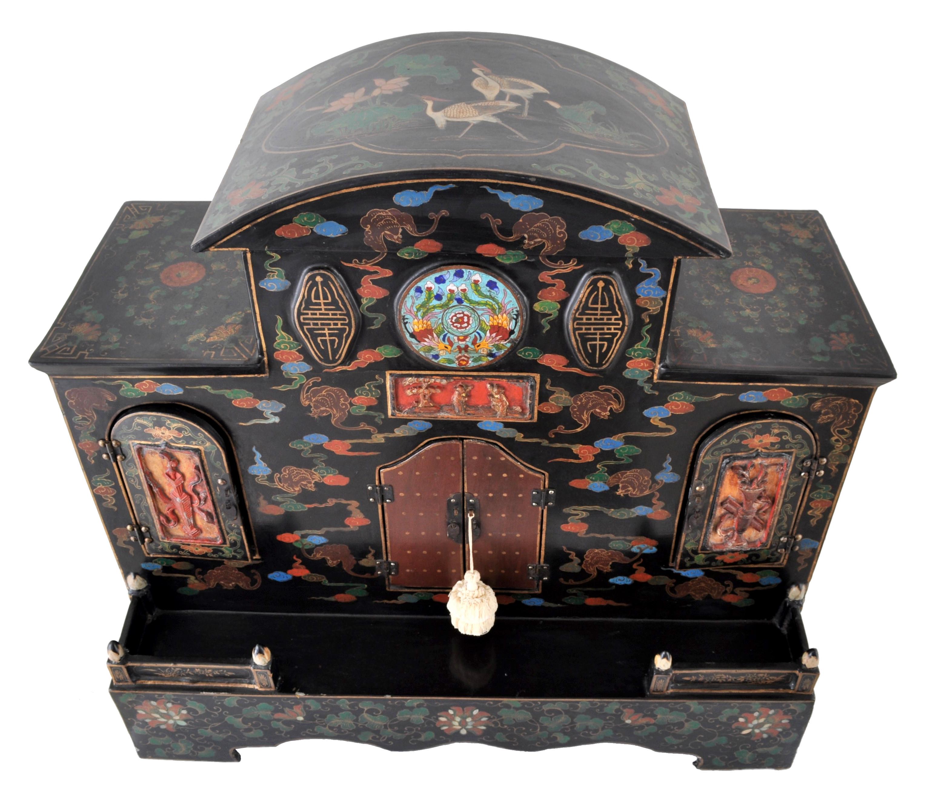 Antique Chinese Qing Dynasty Lacquer Cloisonne Buddhistic Shrine/Cabinet In Good Condition In Portland, OR
