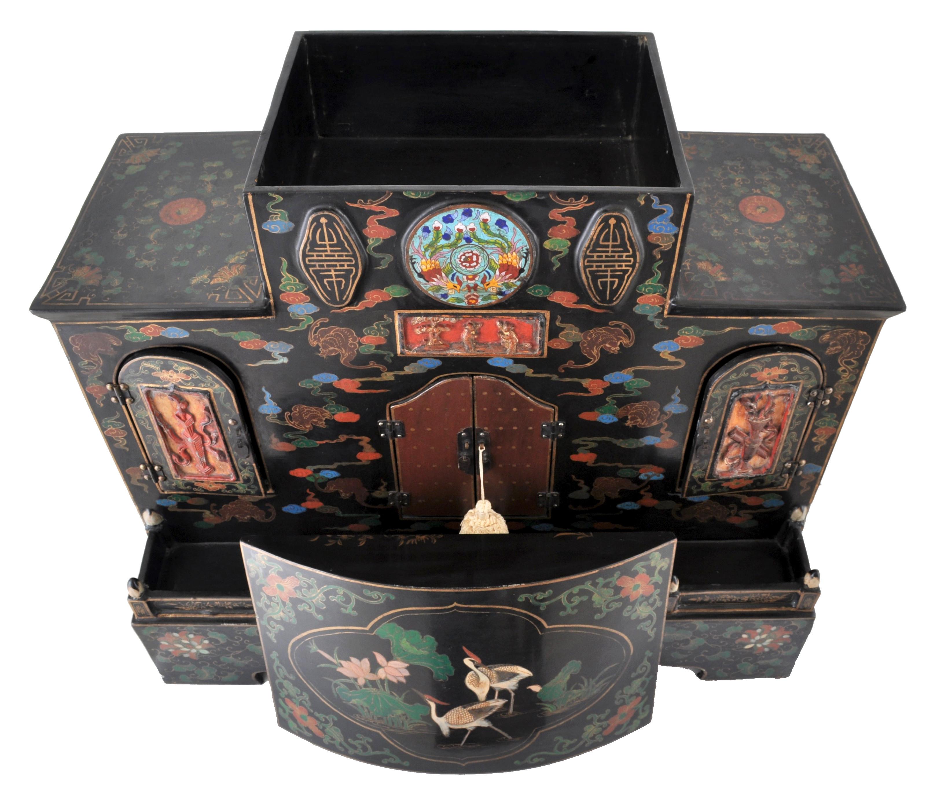 Early 20th Century Antique Chinese Qing Dynasty Lacquer Cloisonne Buddhistic Shrine/Cabinet
