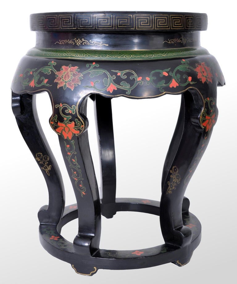 Antique Chinese Qing Dynasty Lacquer and Cloisonné Garden Seat / Stool