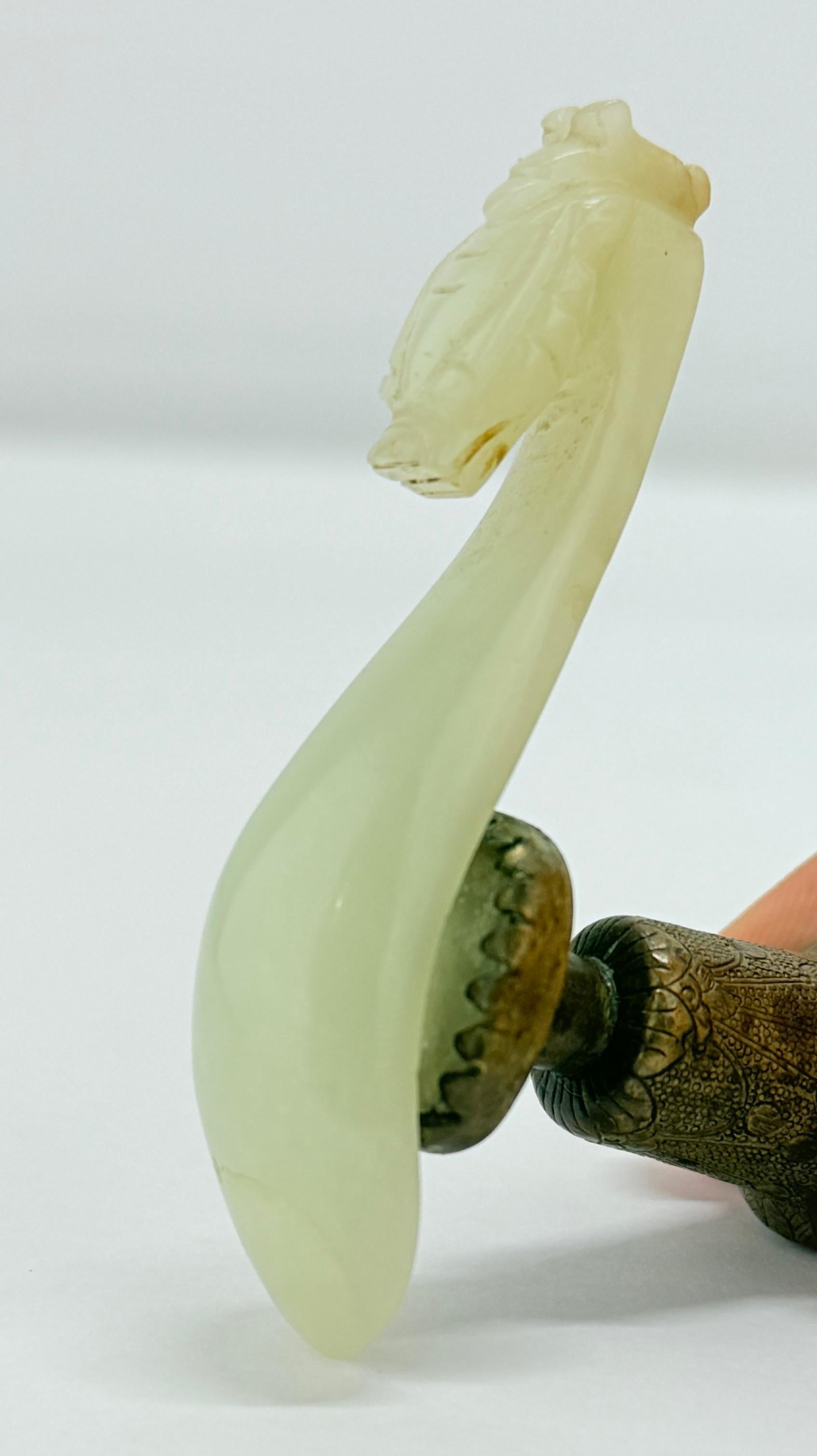 Antique Chinese Qing Dynasty Pale Green Jade Carved Dragon Belt Hook w/ Stand For Sale 4