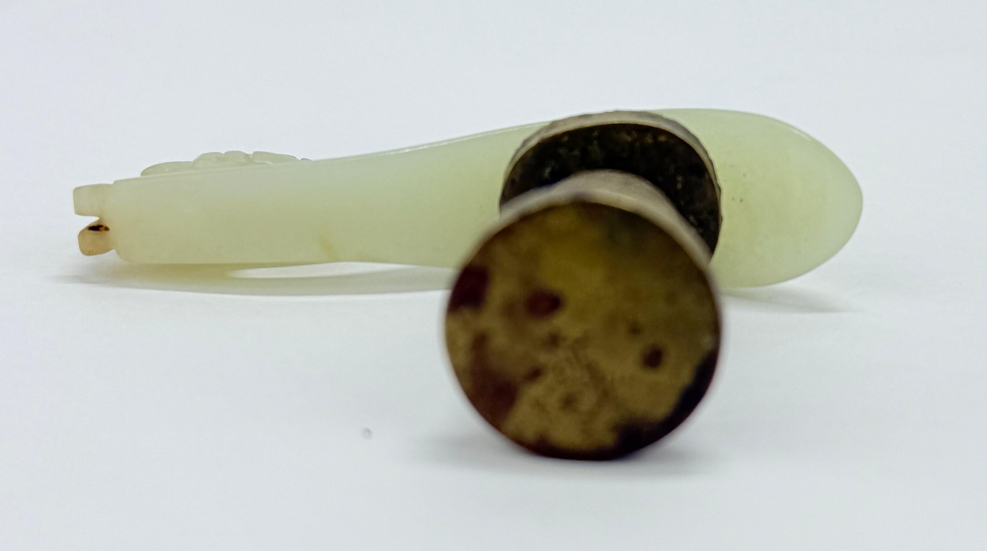 Antique Chinese Qing Dynasty Pale Green Jade Carved Dragon Belt Hook w/ Stand For Sale 5