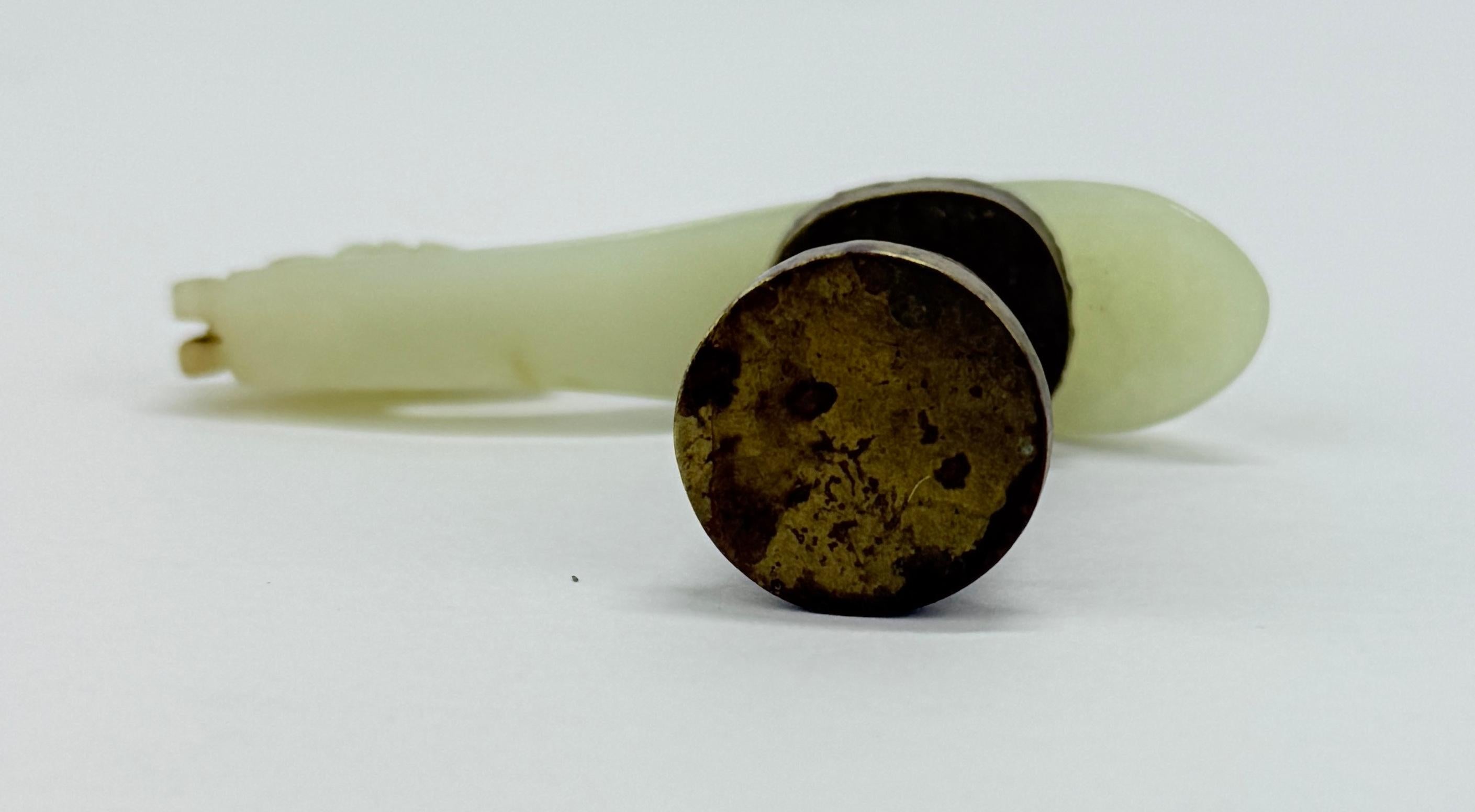 Antique Chinese Qing Dynasty Pale Green Jade Carved Dragon Belt Hook w/ Stand For Sale 6