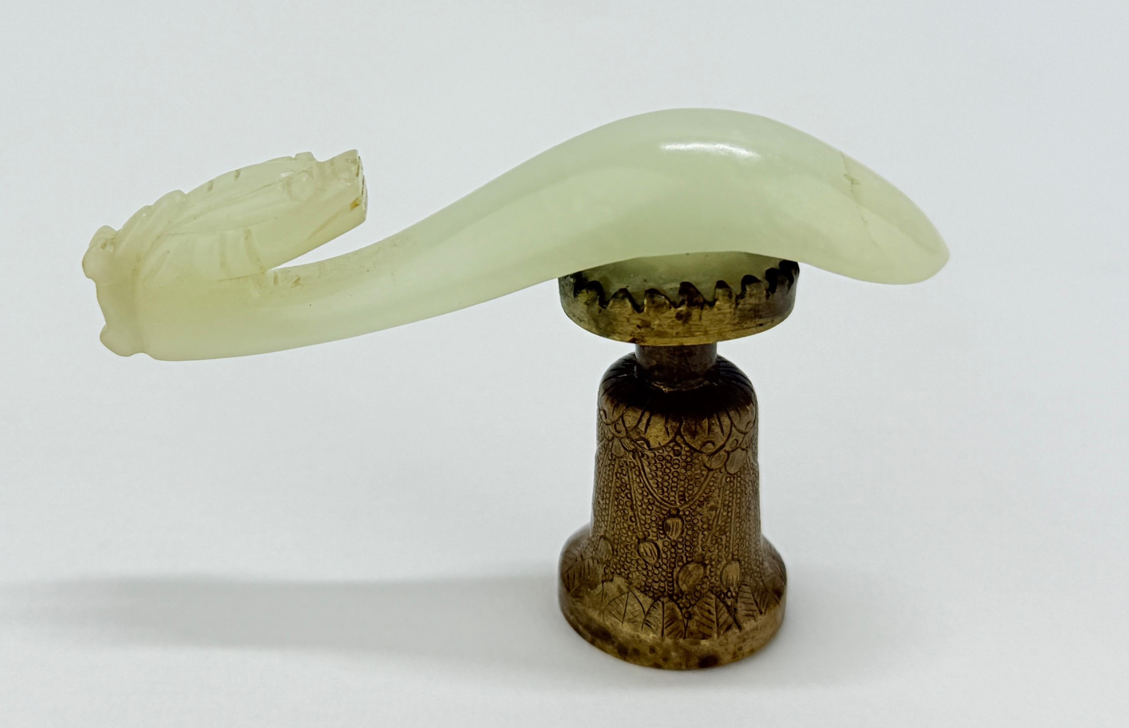 Chinese Export Antique Chinese Qing Dynasty Pale Green Jade Carved Dragon Belt Hook w/ Stand For Sale