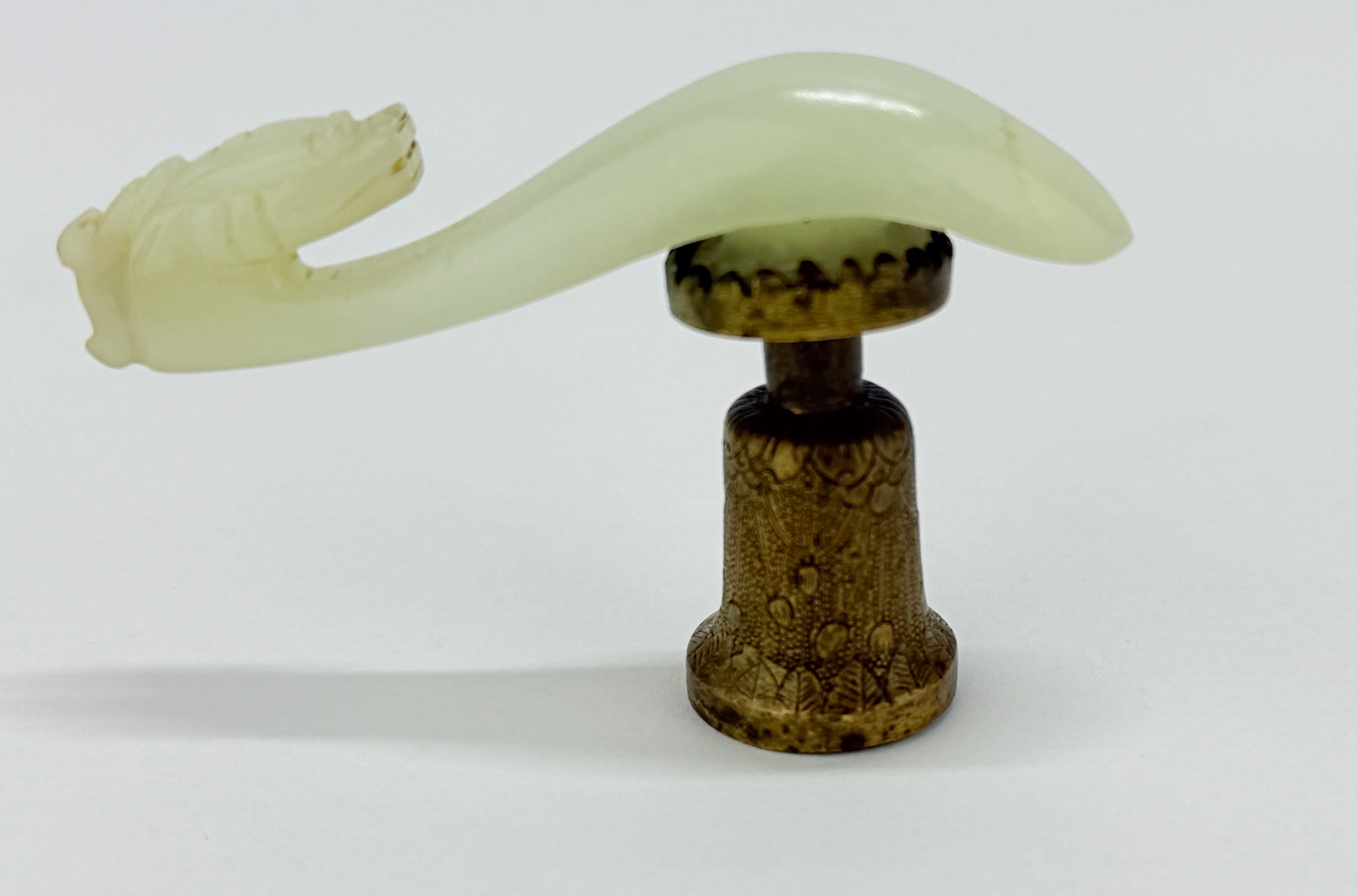 19th Century Antique Chinese Qing Dynasty Pale Green Jade Carved Dragon Belt Hook w/ Stand For Sale