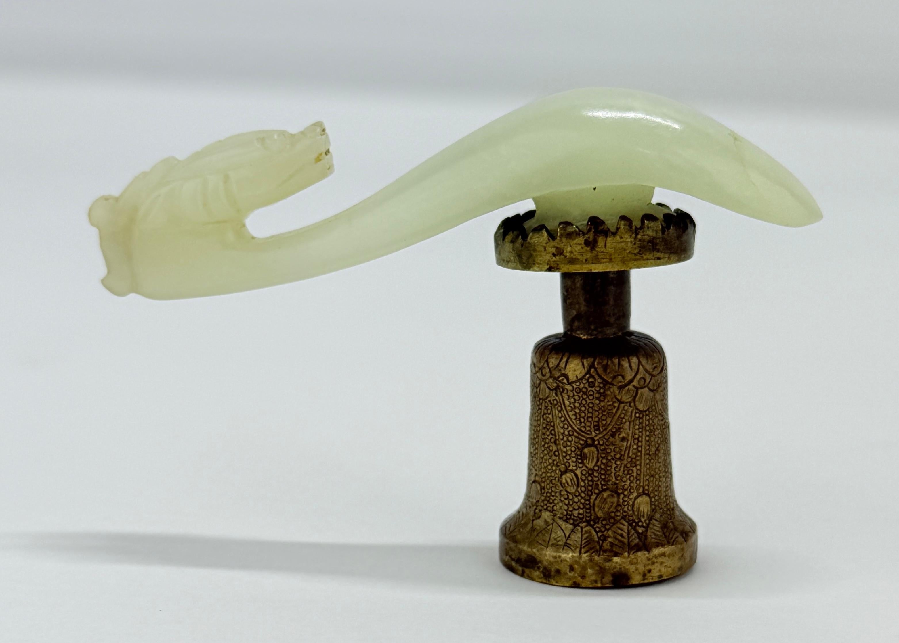 Brass Antique Chinese Qing Dynasty Pale Green Jade Carved Dragon Belt Hook w/ Stand For Sale