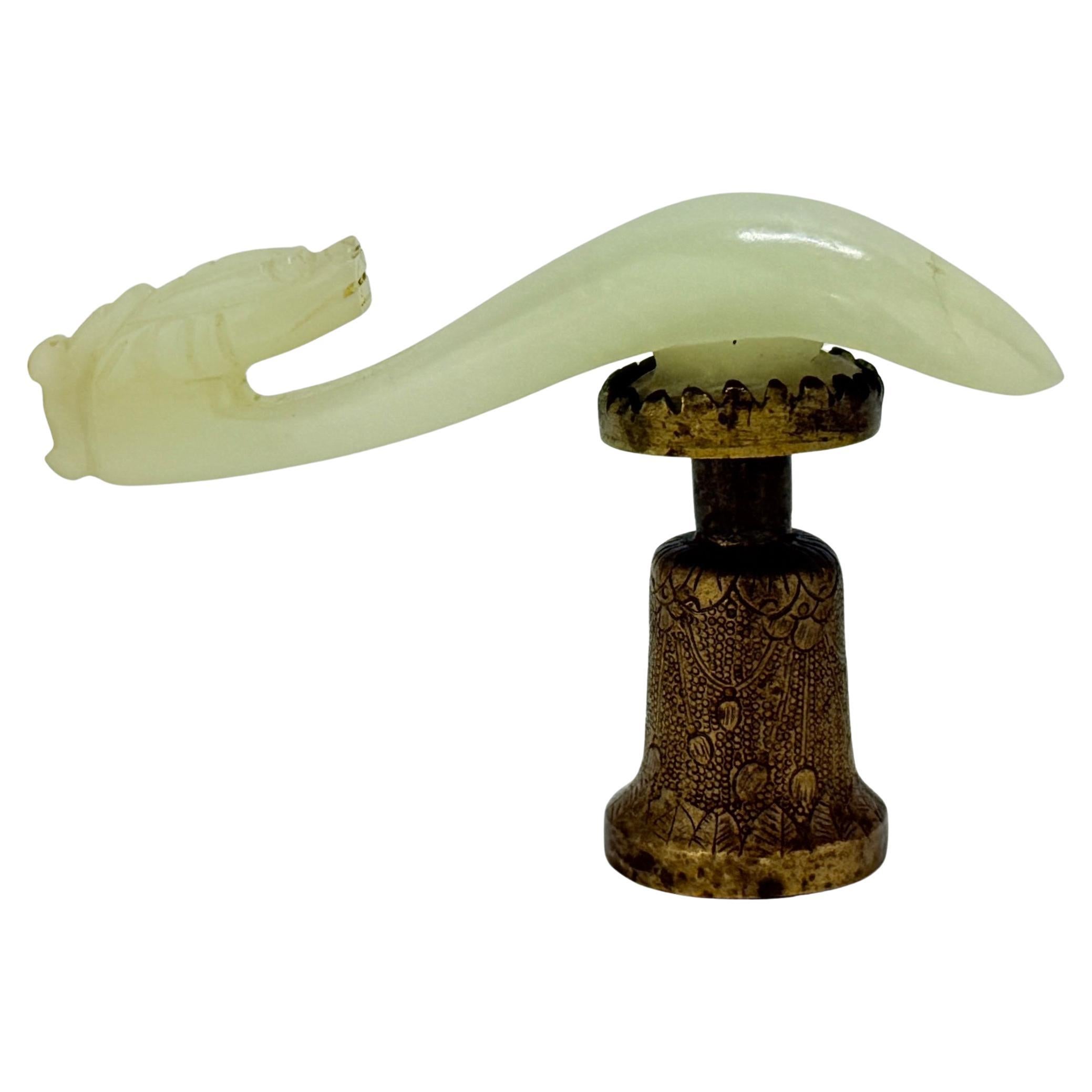 Antique Chinese Qing Dynasty Pale Green Jade Carved Dragon Belt Hook w/ Stand